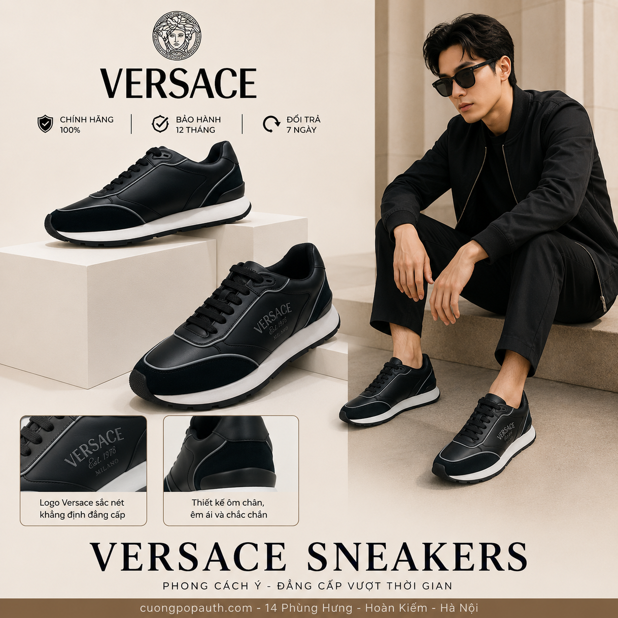 GIÀY SNEAKER VERSACE ĐEN CHỮ THÊU 1021242 1A15643 1B000