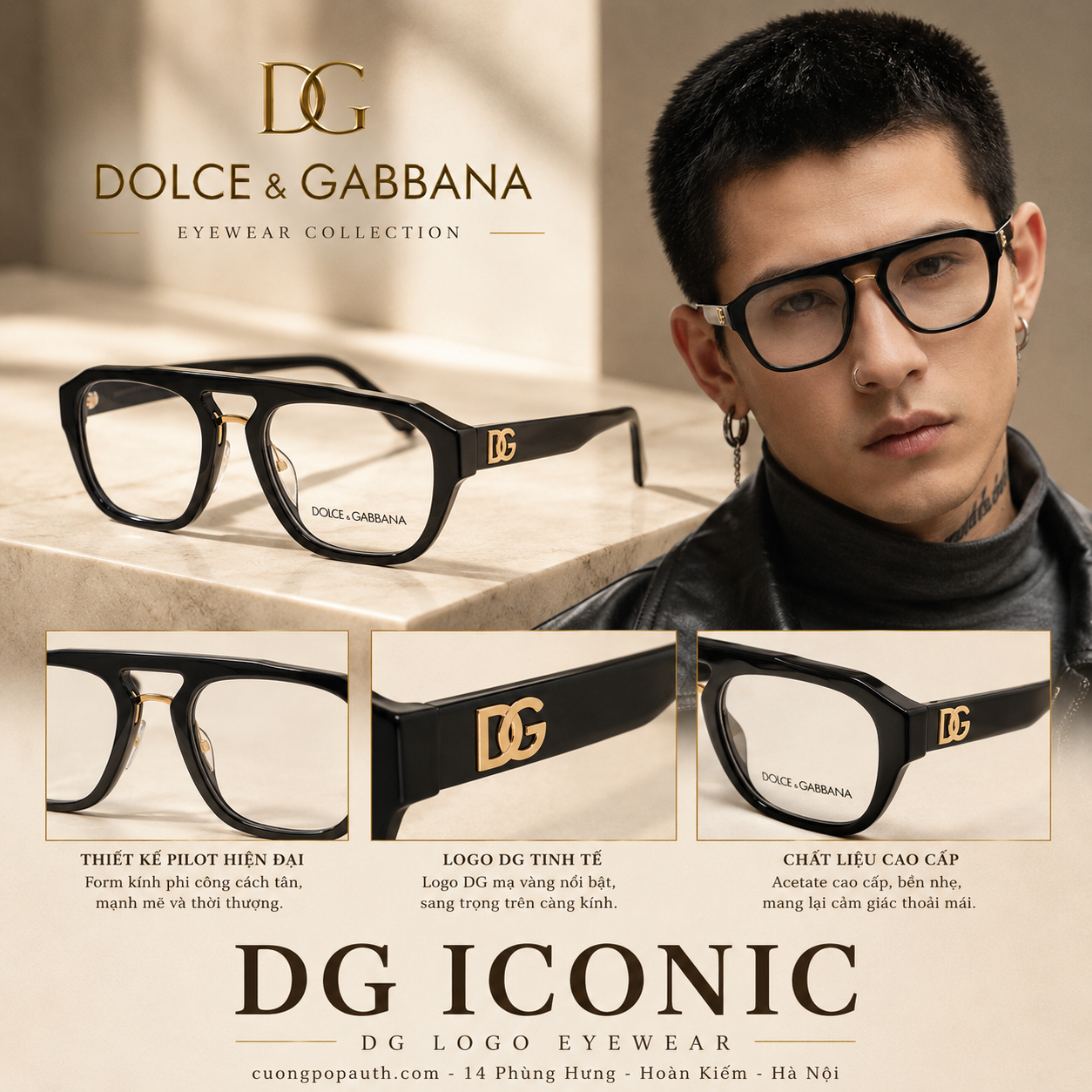 KÍNH DOLCE ĐEN CHỮ DG VÀNG DG3415 501 SIZE 55X145X20