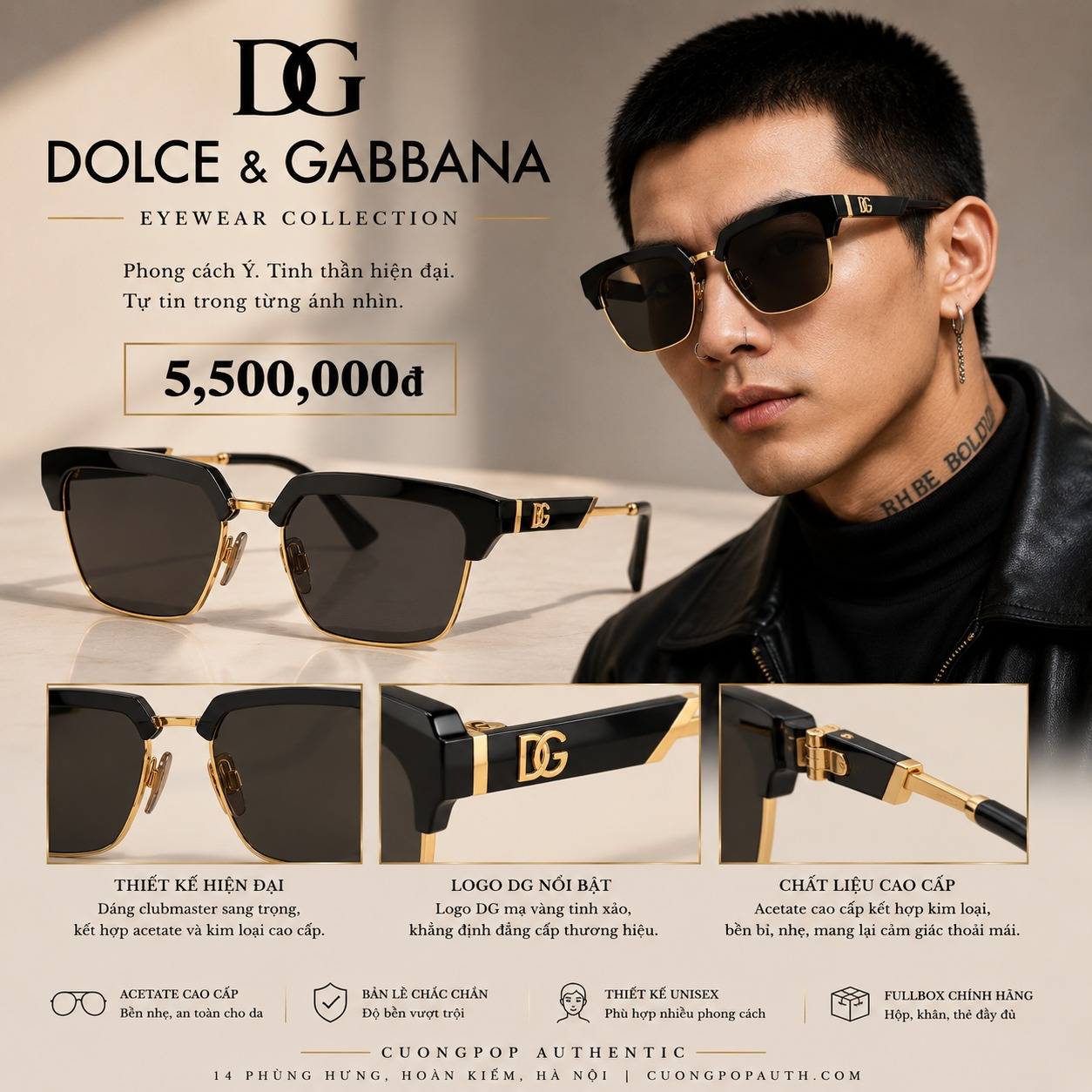 KÍNH DOLCE ĐEN VIỀN GOLD DG6185 501/87 SIZE 55