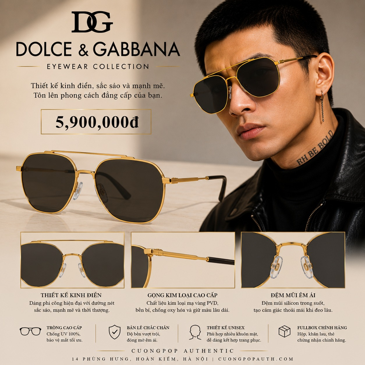 KÍNH DOLCE GỌNG VÀNG MẮT ĐEN DG2296 SIZE 58