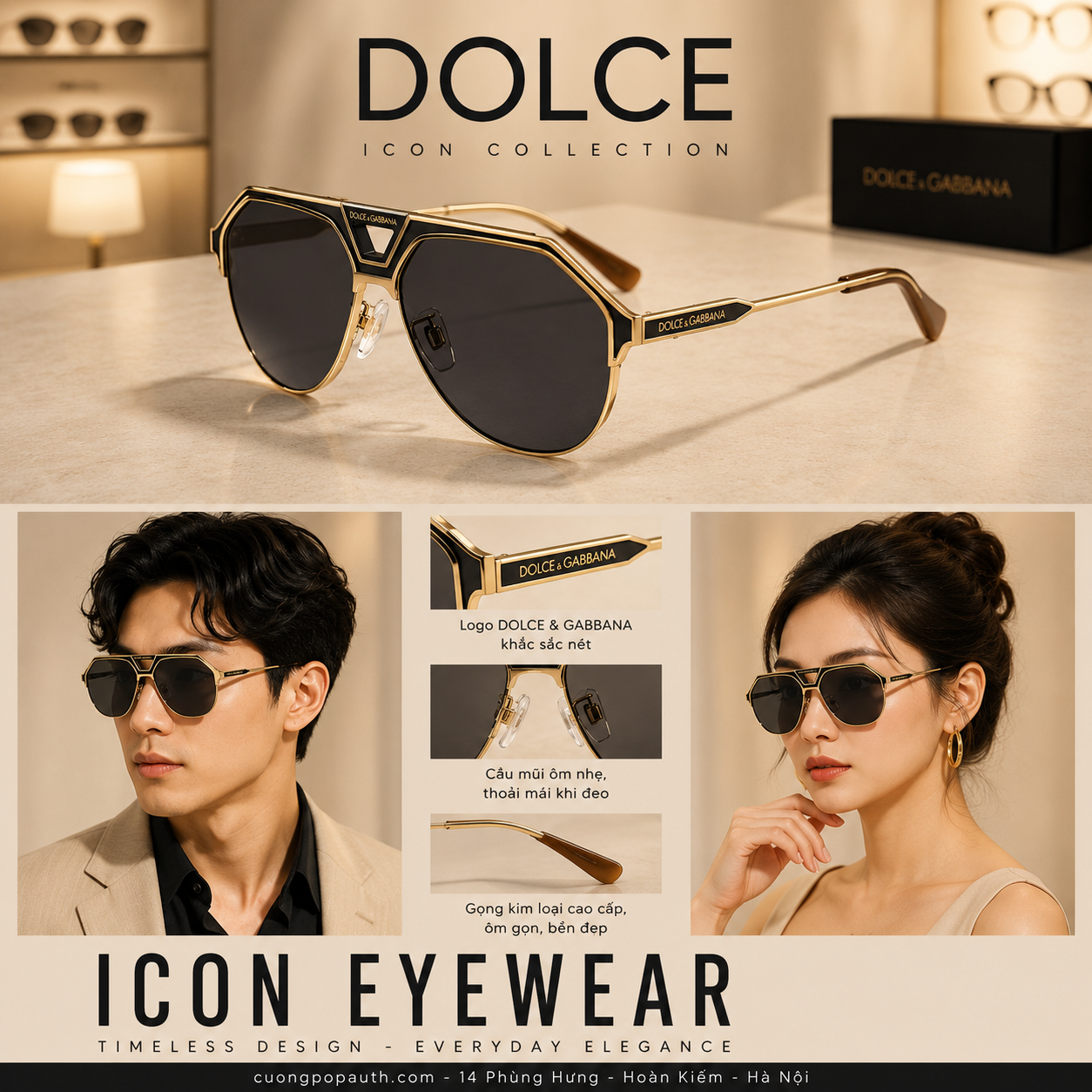 KÍNH DOLCE MẮT ĐEN GỌNG VÀNG DG2257 SIZE 60