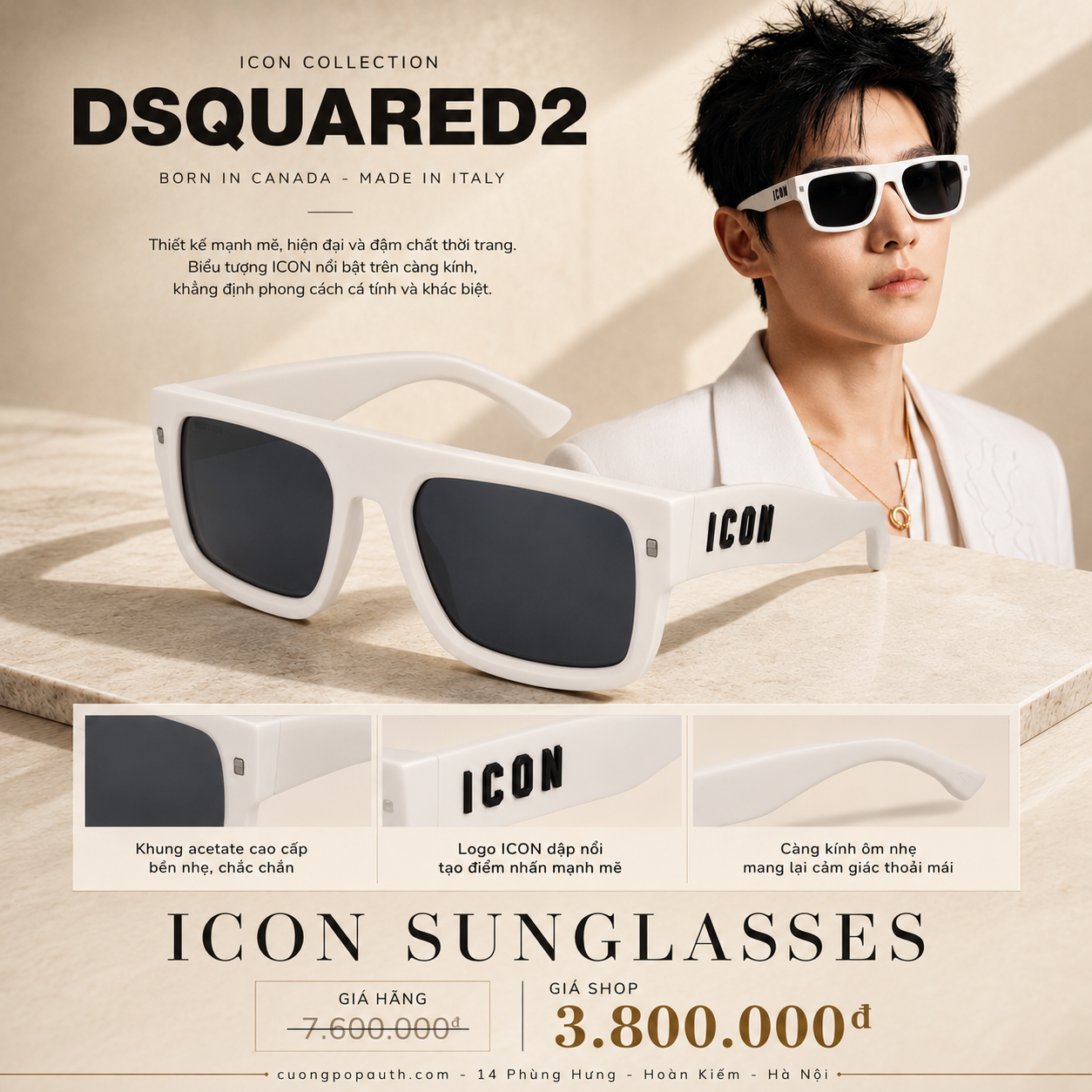 KÍNH DSQUARED2 TRẮNG ICON ĐEN 0008S/VK6IR SIZE 54