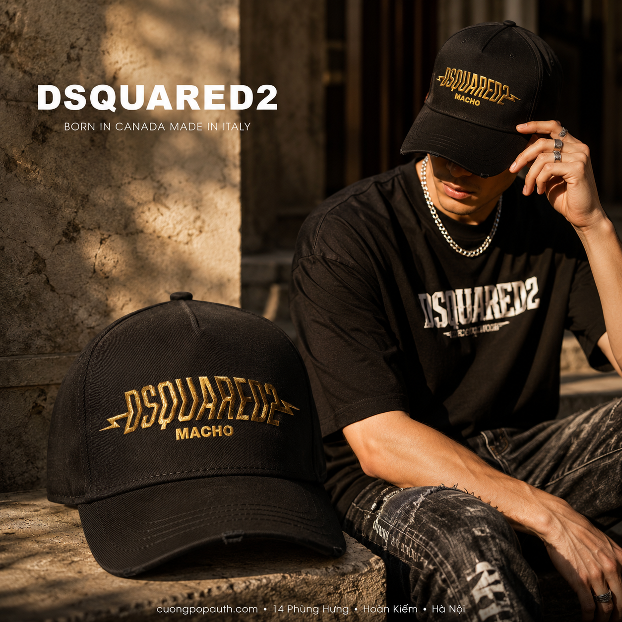 MŨ DSQUARED2 ĐEN CHỮ VÀNG BCN0906 05C00001 2124