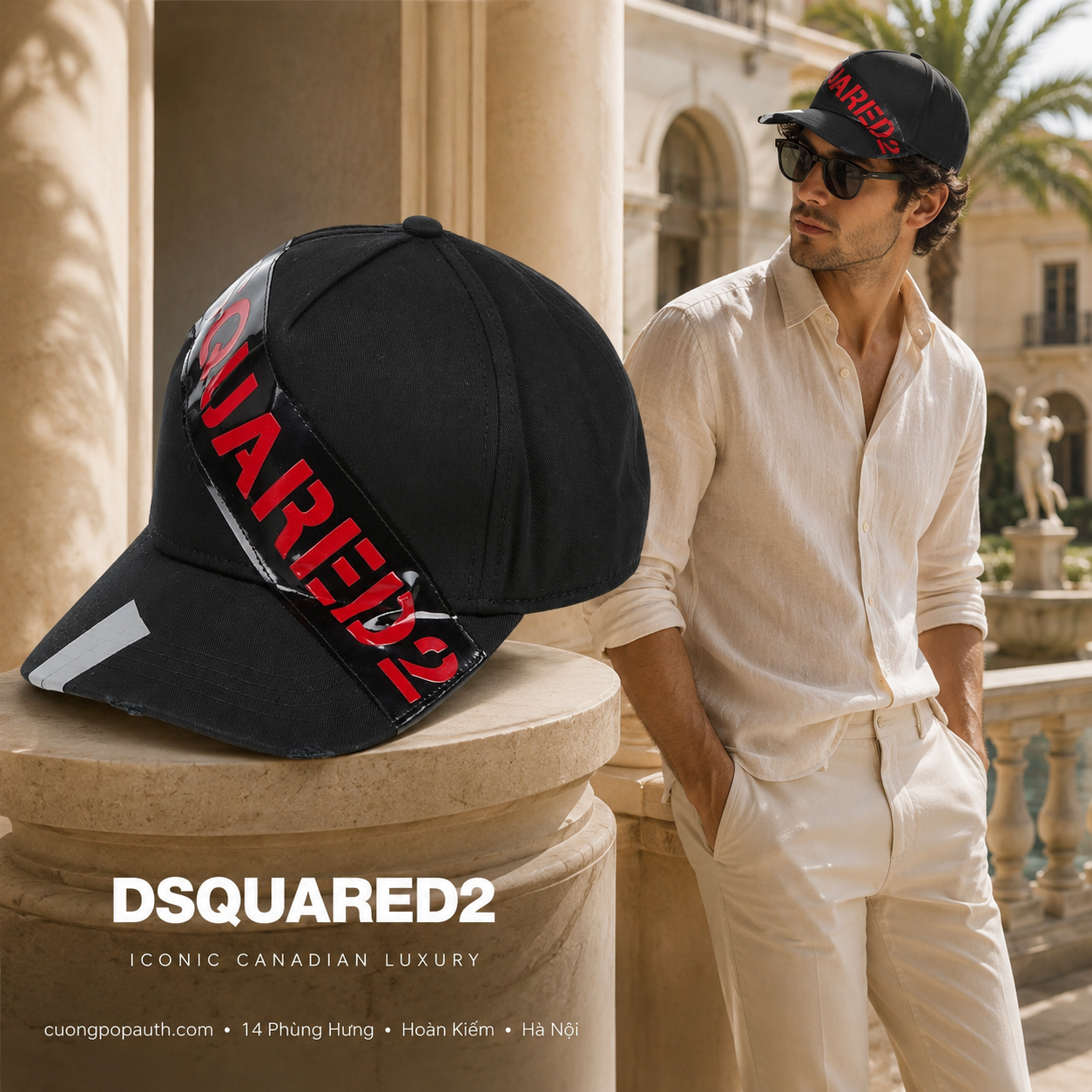 MŨ DSQUARED2 ĐEN VẠCH ĐỎ BCM0173 05C00001 M556
