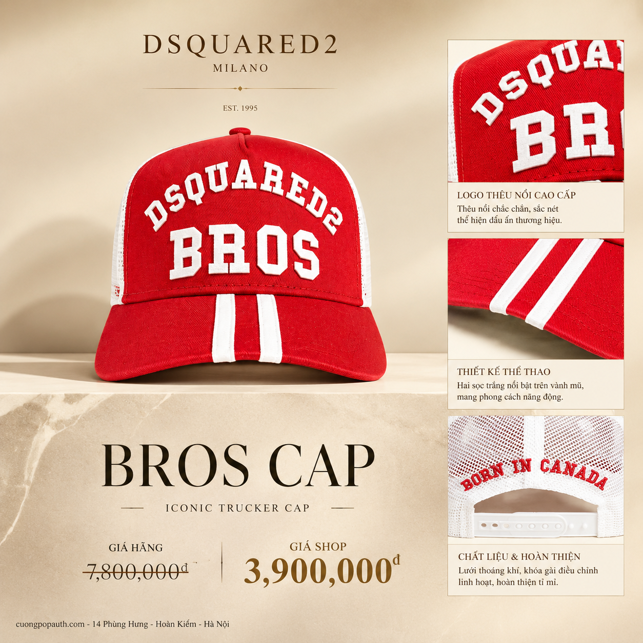 MŨ DSQUARED2 ĐỎ BROS LƯỚI TRẮNG BCM091805C000014065