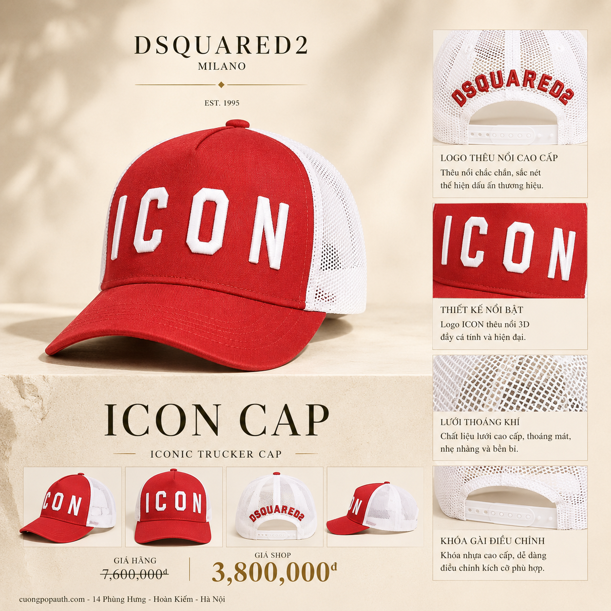 MŨ DSQUARED2 ĐỎ ICON TRẮNG LƯỚI BCM4001 05CM0353 M818