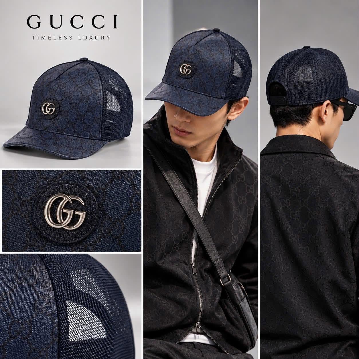 MŨ GUCCI NAVY LƯỚI LOGO BẠC 733927 4HAXN 8468