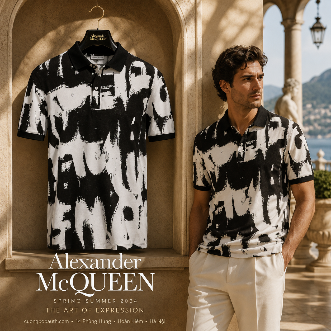 POLO ALEXANDER MCQUEEN TRẮNG CHỮ ĐEN 711162 QTX34 9080