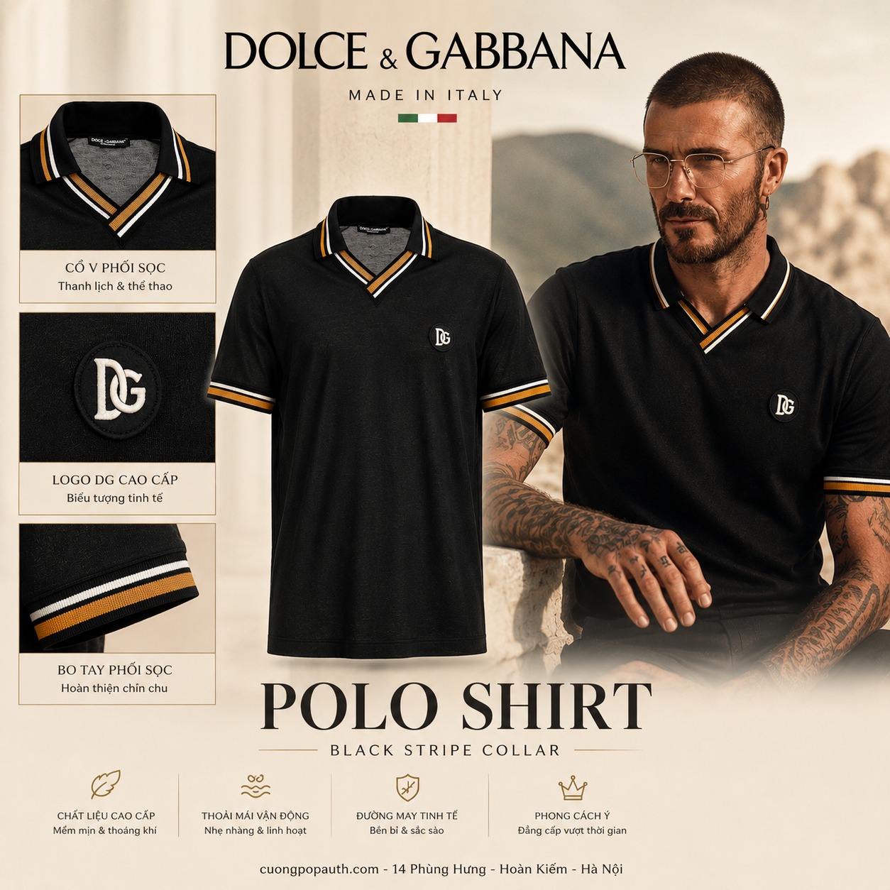 POLO DOLCE LEN ĐEN CHECK CỔ LOGO DG THÊU G8LJ1Z G7VRT N0000