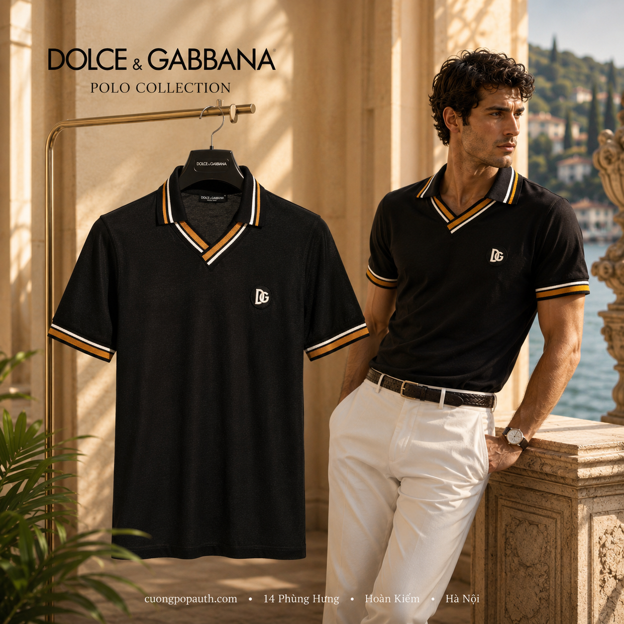 POLO DOLCE LEN ĐEN CHECK CỔ LOGO DG THÊU G8LJ1Z G7VRT N0000