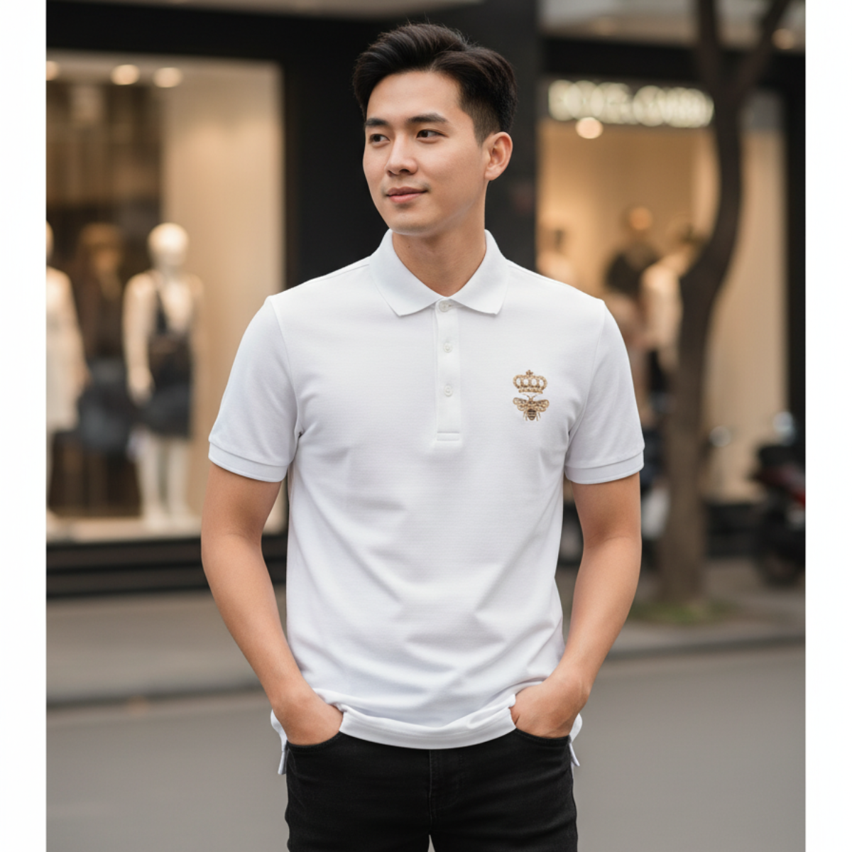 POLO DOLCE TRẮNG THÊU ONG VÀNG G8LZ1ZG7WUR