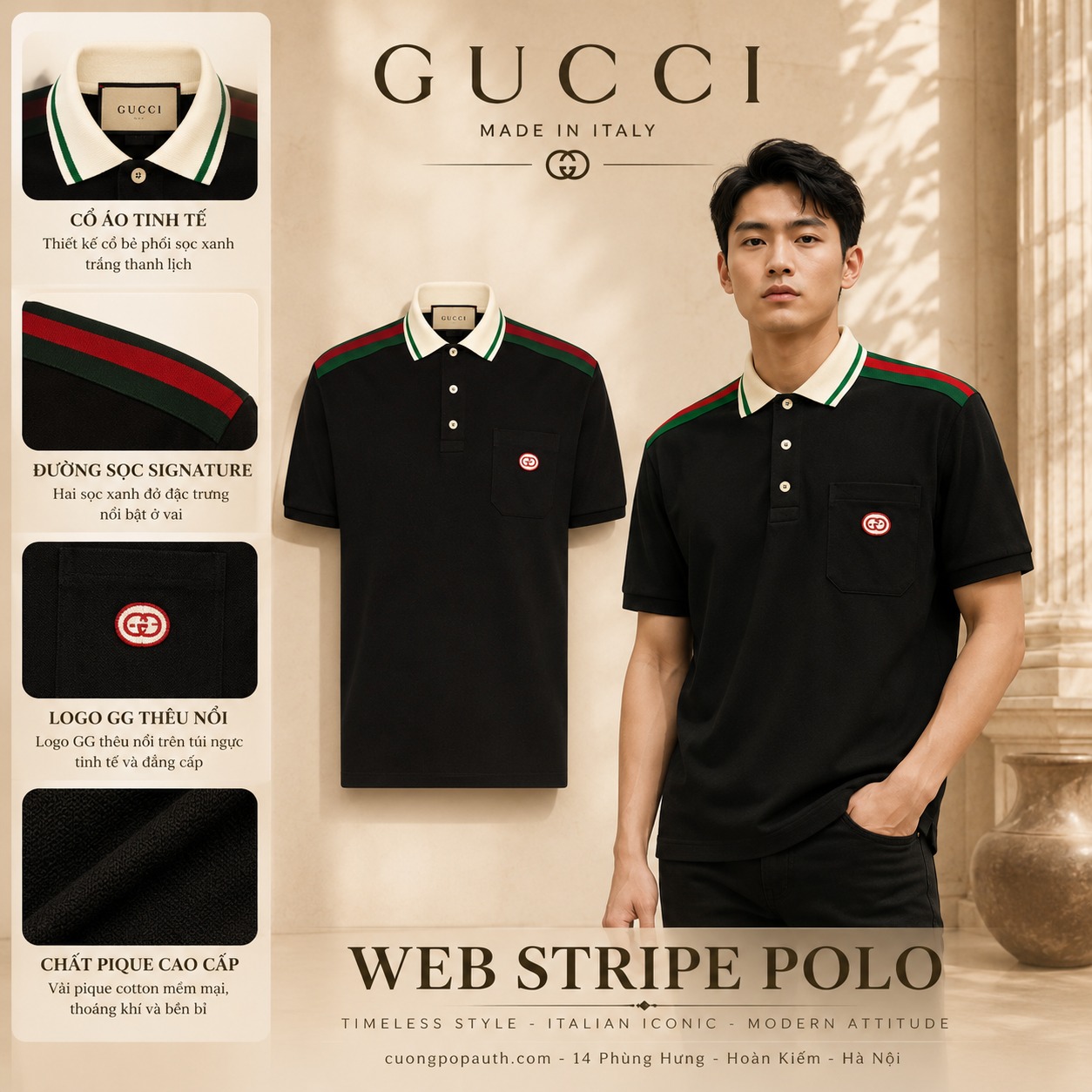 POLO GUCCI ĐEN VẠCH CỜ 737656/XJF4V1043