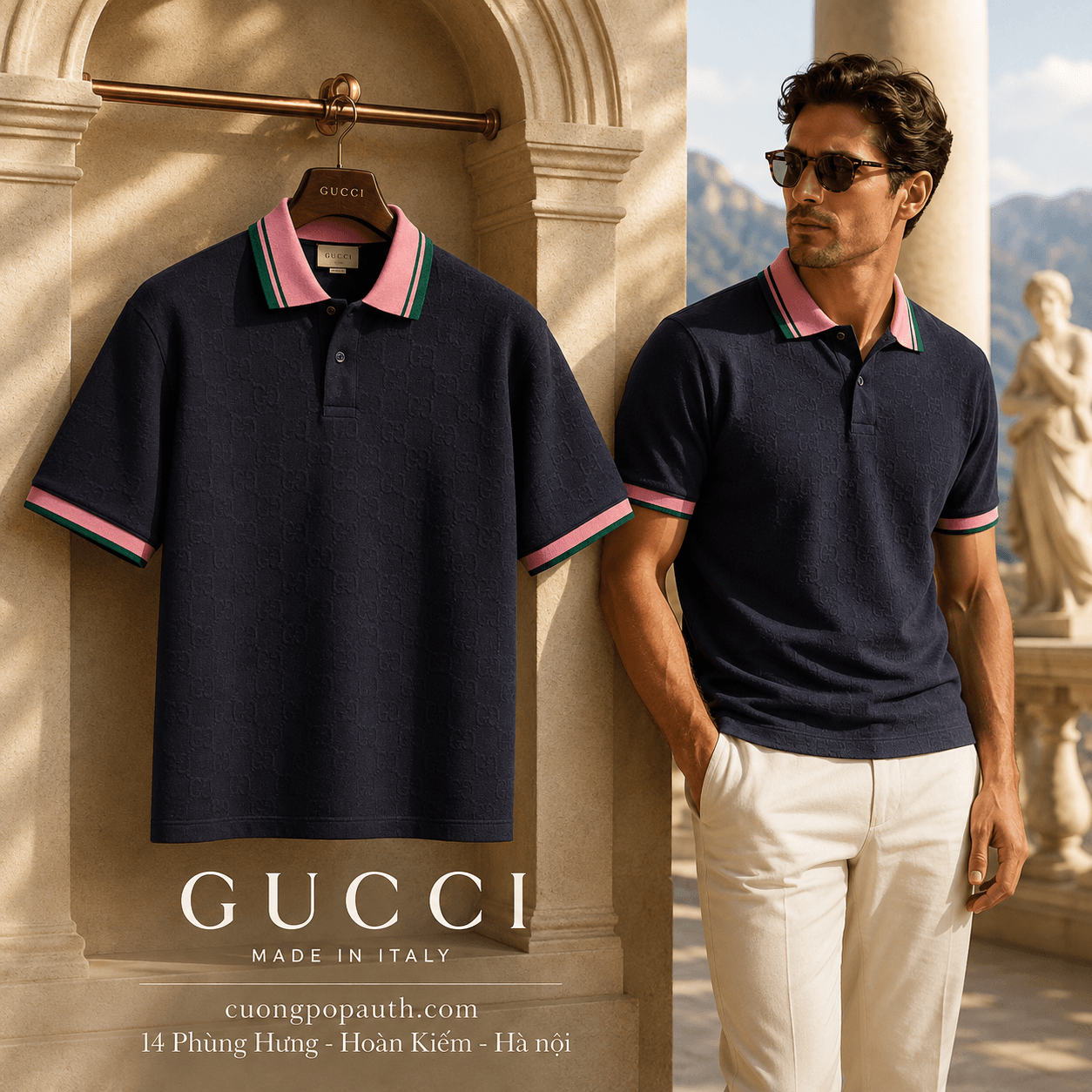POLO GUCCI NAVY CHECK CỔ HỒNG 768579 XJF4N 4140