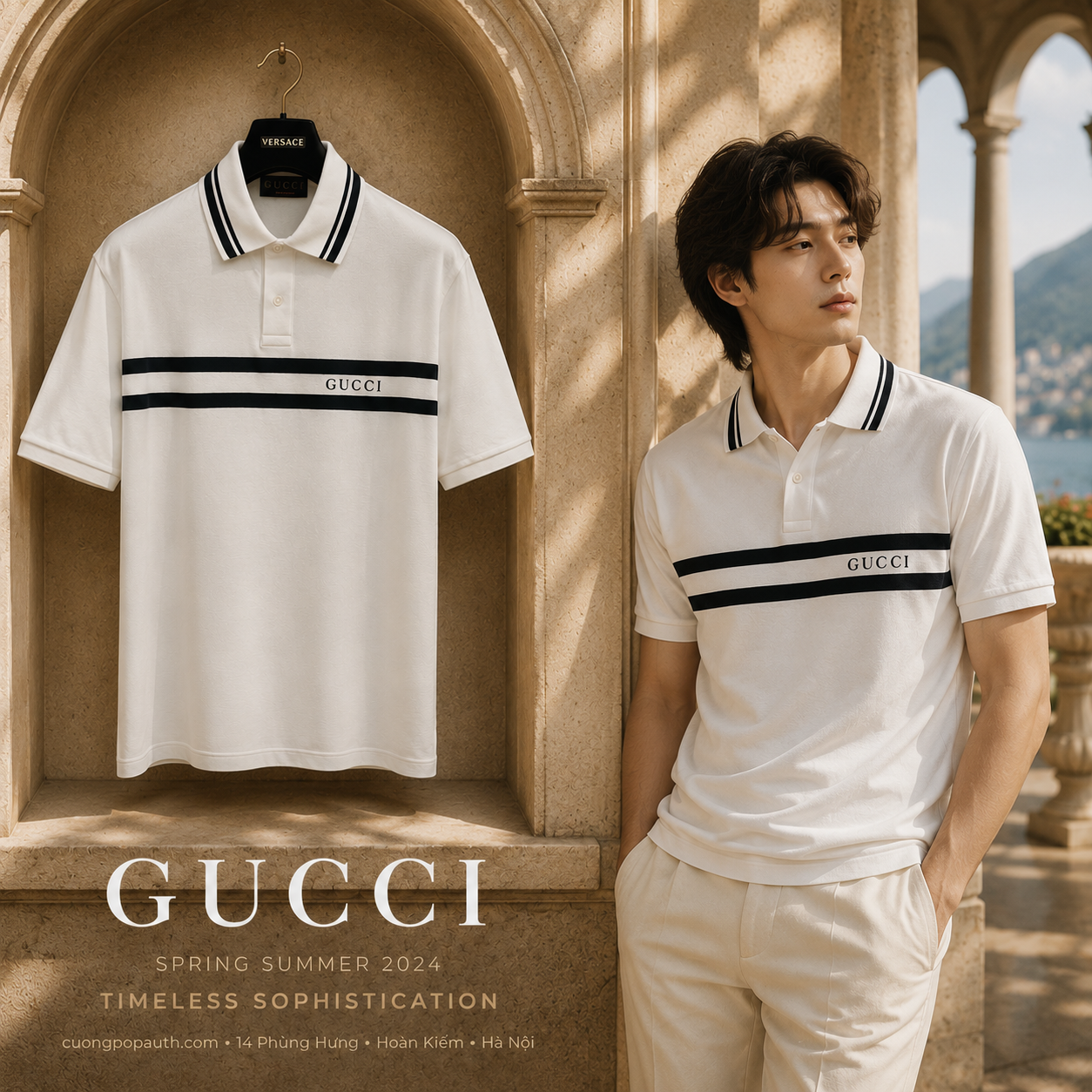 POLO GUCCI TRẮNG KẺ ĐEN 788016 XJGJX 9081