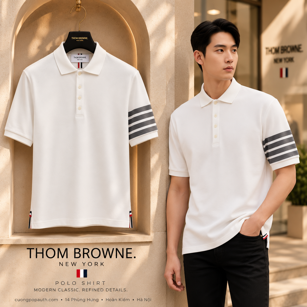 POLO THOM BROWNE TRẮNG KÉ TAY MJP136G/07976 100