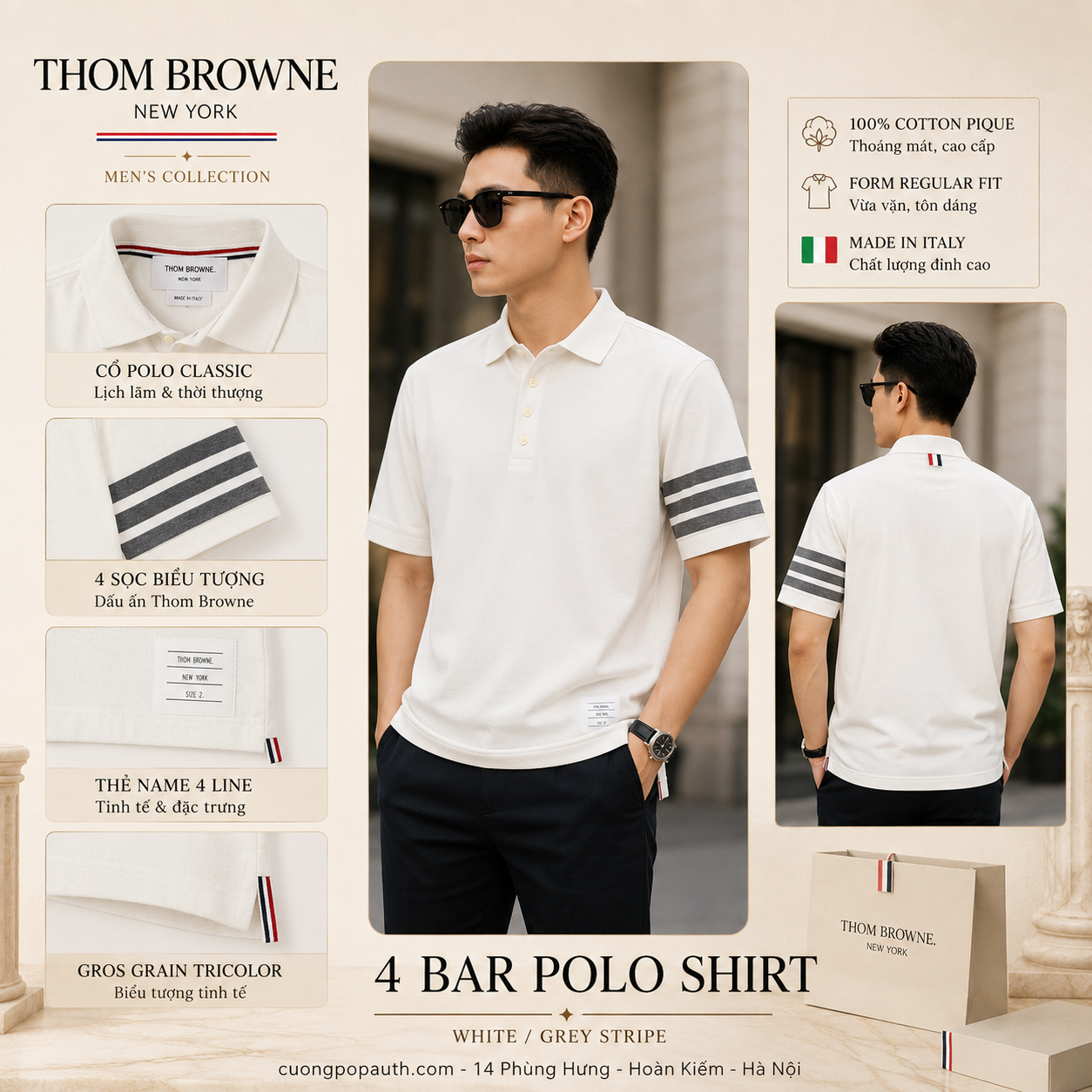 POLO THOM BROWNE TRẮNG KÉ TAY MJP136G/07976 100
