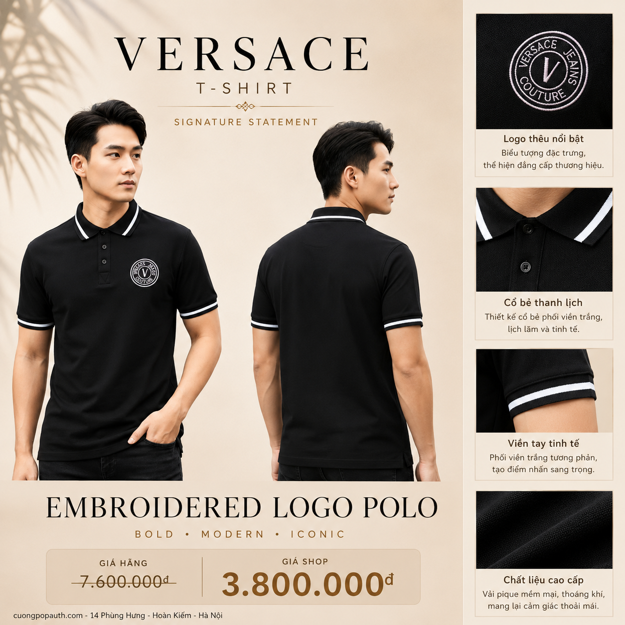POLO VERSACE ĐEN HOẠ TIẾT TRẮNG 76GAGT03 CJ01T 899