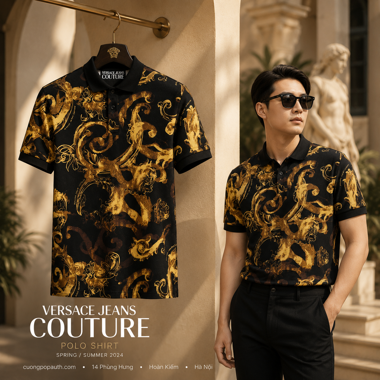 POLO VERSACE ĐEN HOA VĂN VÀNG 76GAG6S0JS286G89