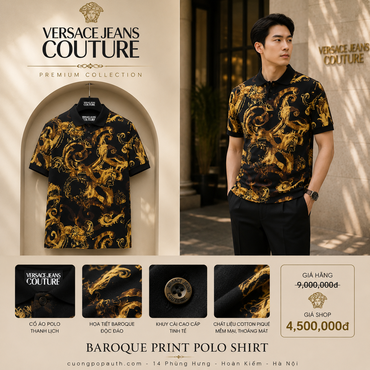 POLO VERSACE ĐEN HOA VĂN VÀNG 76GAG6S0JS286G89