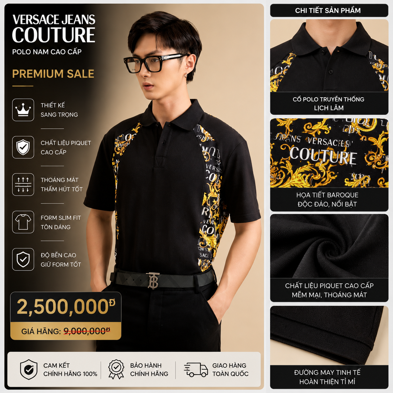 POLO VERSACE ĐEN VIỀN VÀNG DỌC 74GAG613JS149G89