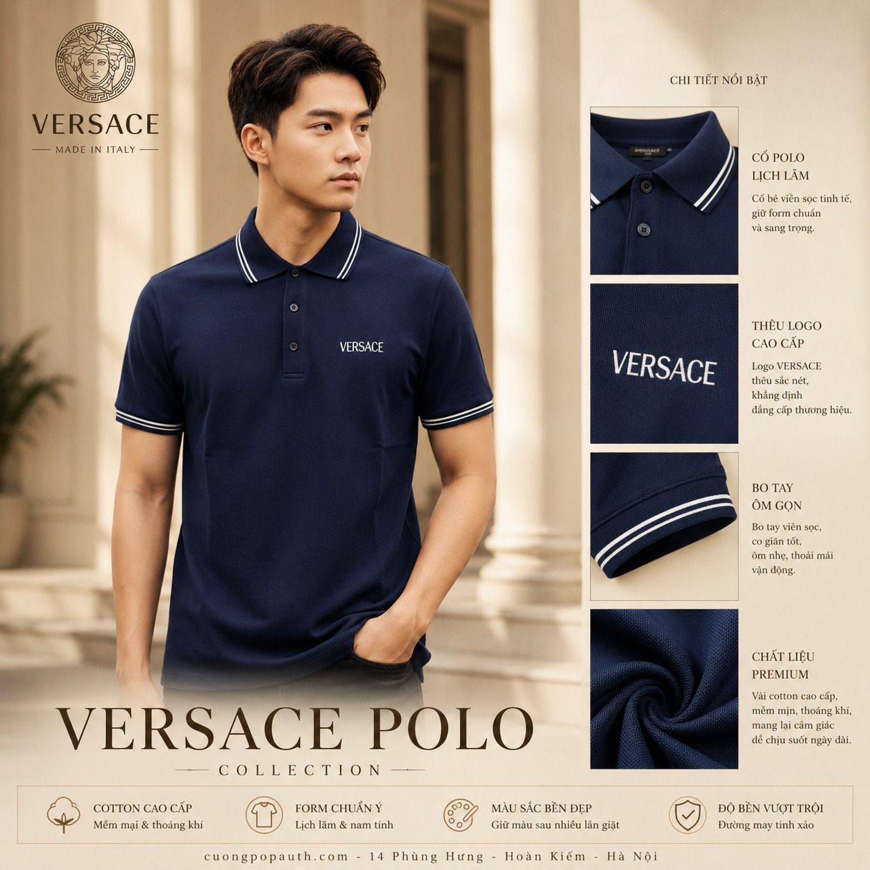 POLO VERSACE NAVY CHECK CỔ 1011851 1A14049 1UI20