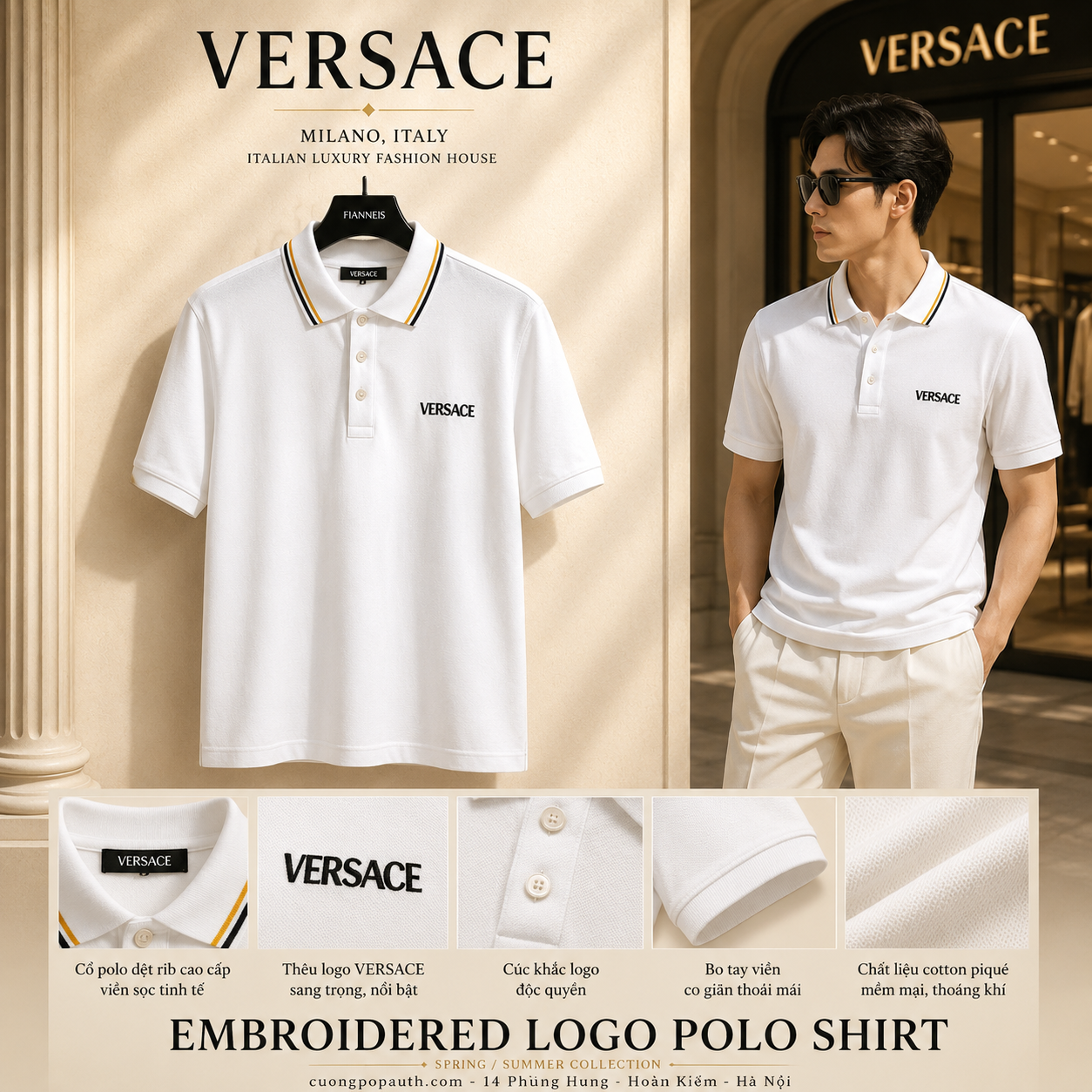 POLO VERSACE TRẮNG CHECK CỔ 1011851 1A14049 1W000