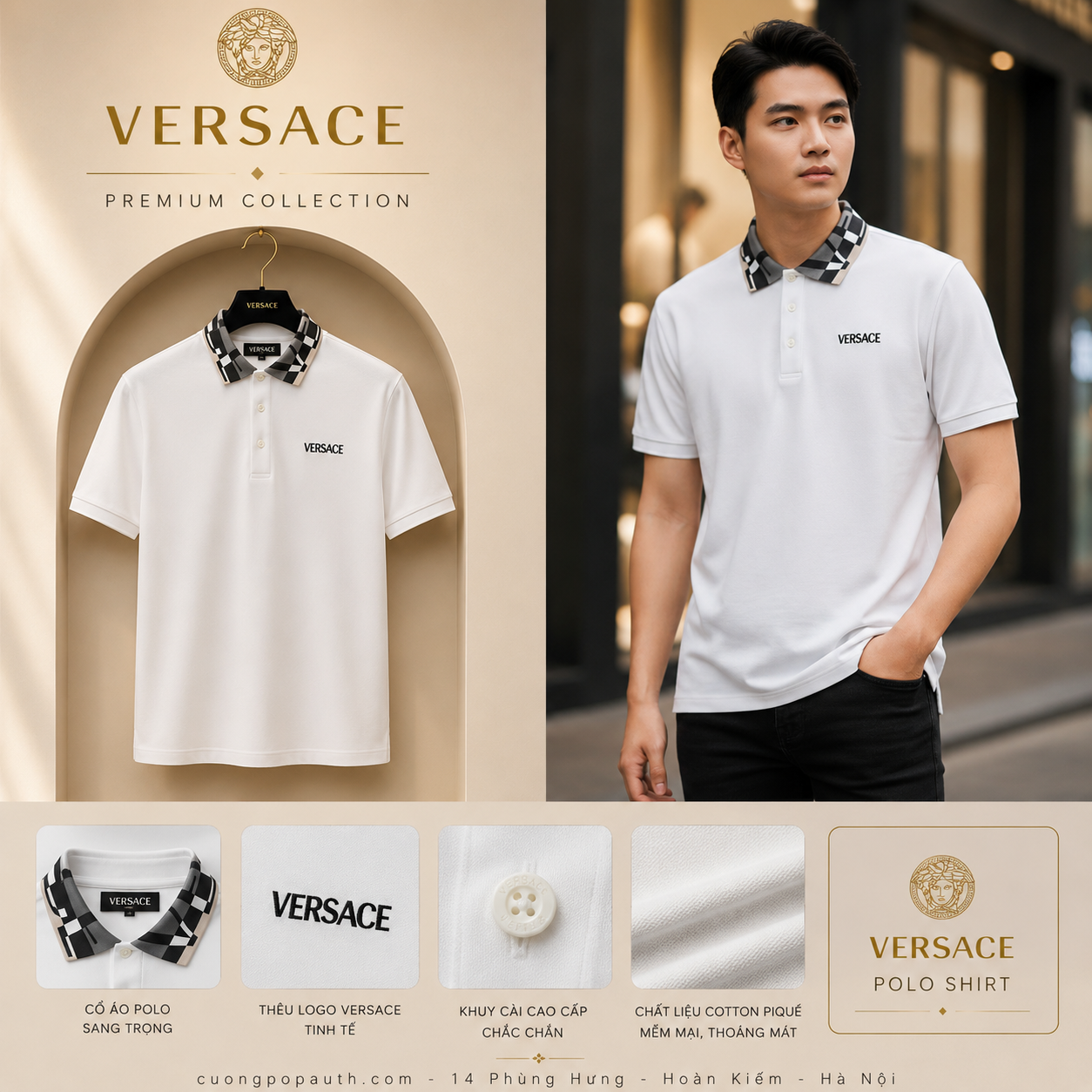 POLO VERSACE TRẮNG CỔ VIỀN 1012260 1A14426 2W020