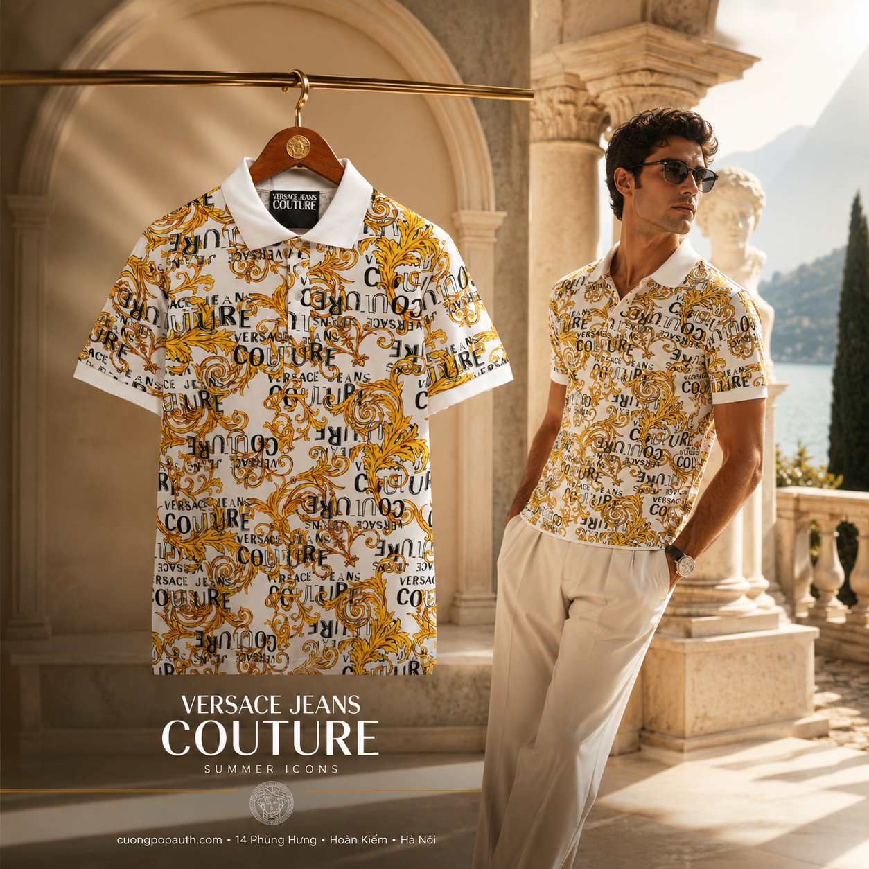 POLO VERSACE TRẮNG HOA VĂN VÀNG 74GAG6S0JS149G03