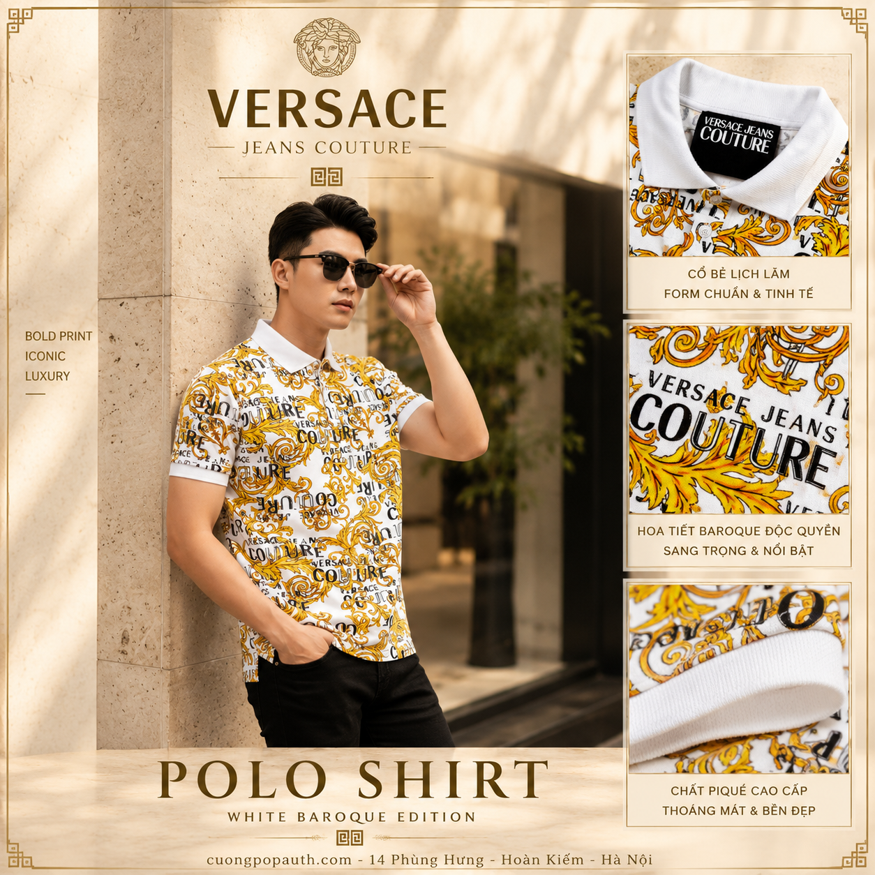 POLO VERSACE TRẮNG HOA VĂN VÀNG 74GAG6S0JS149G03