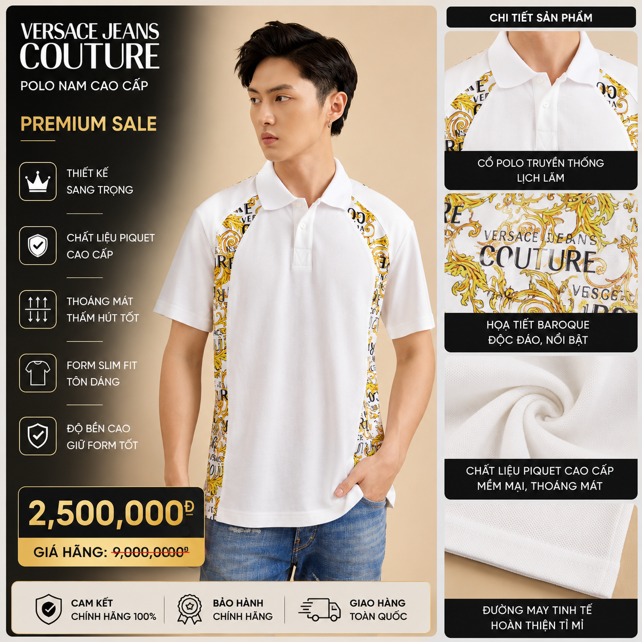 POLO VERSACE TRẮNG VIỀN VÀNG DỌC 74GAG613JS149G03
