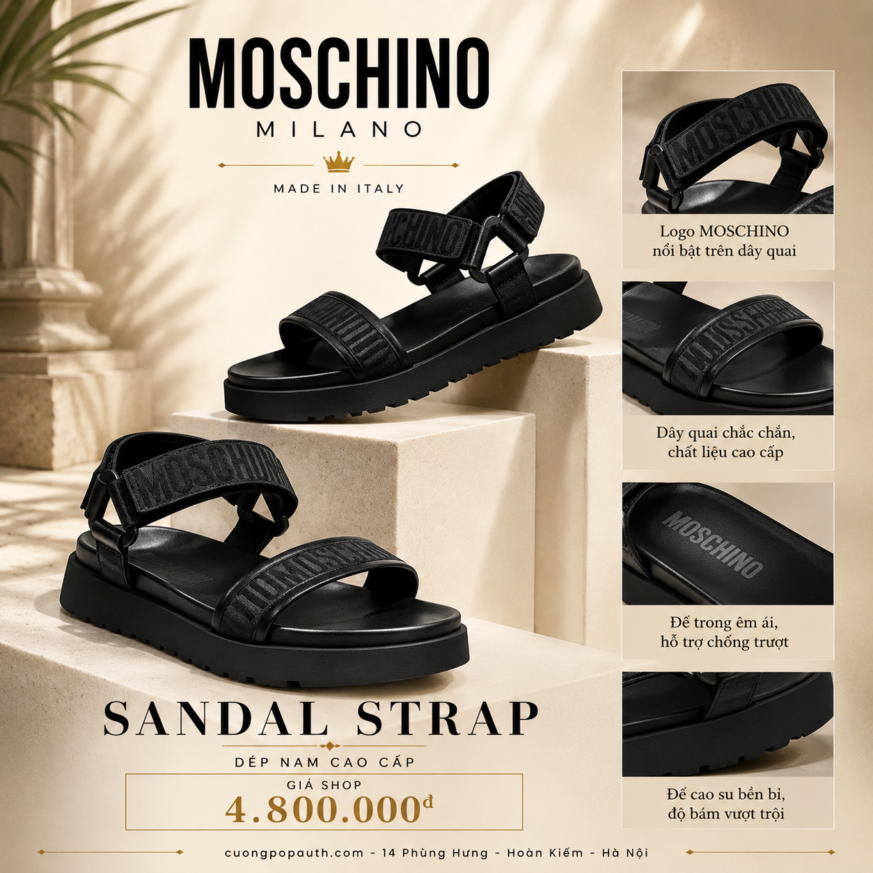 SANDAL MOSCHINO ĐEN QUAI CHỮ 79IIJO007