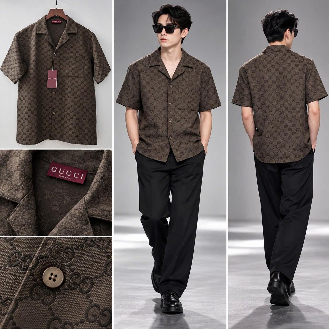 SƠ MI DENIM GUCCI CỘC TAY NÂU L012934319