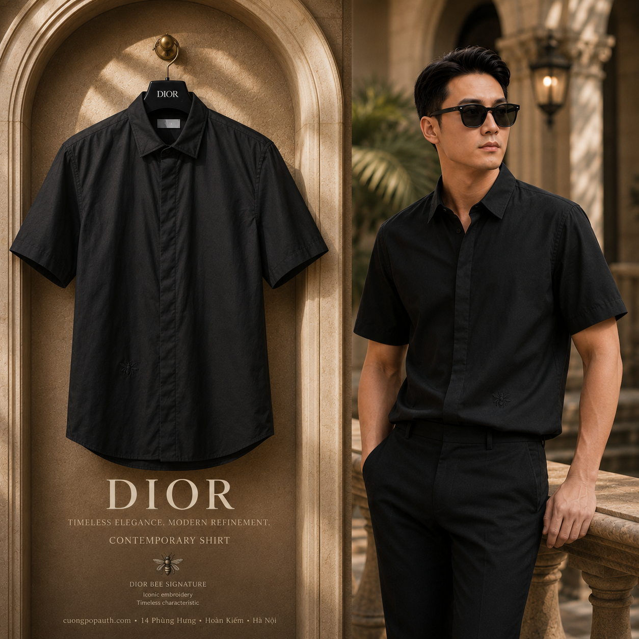 SƠ MI DIOR ĐEN CỌC TAY THÊU ONG ĐEN 733C510B1581