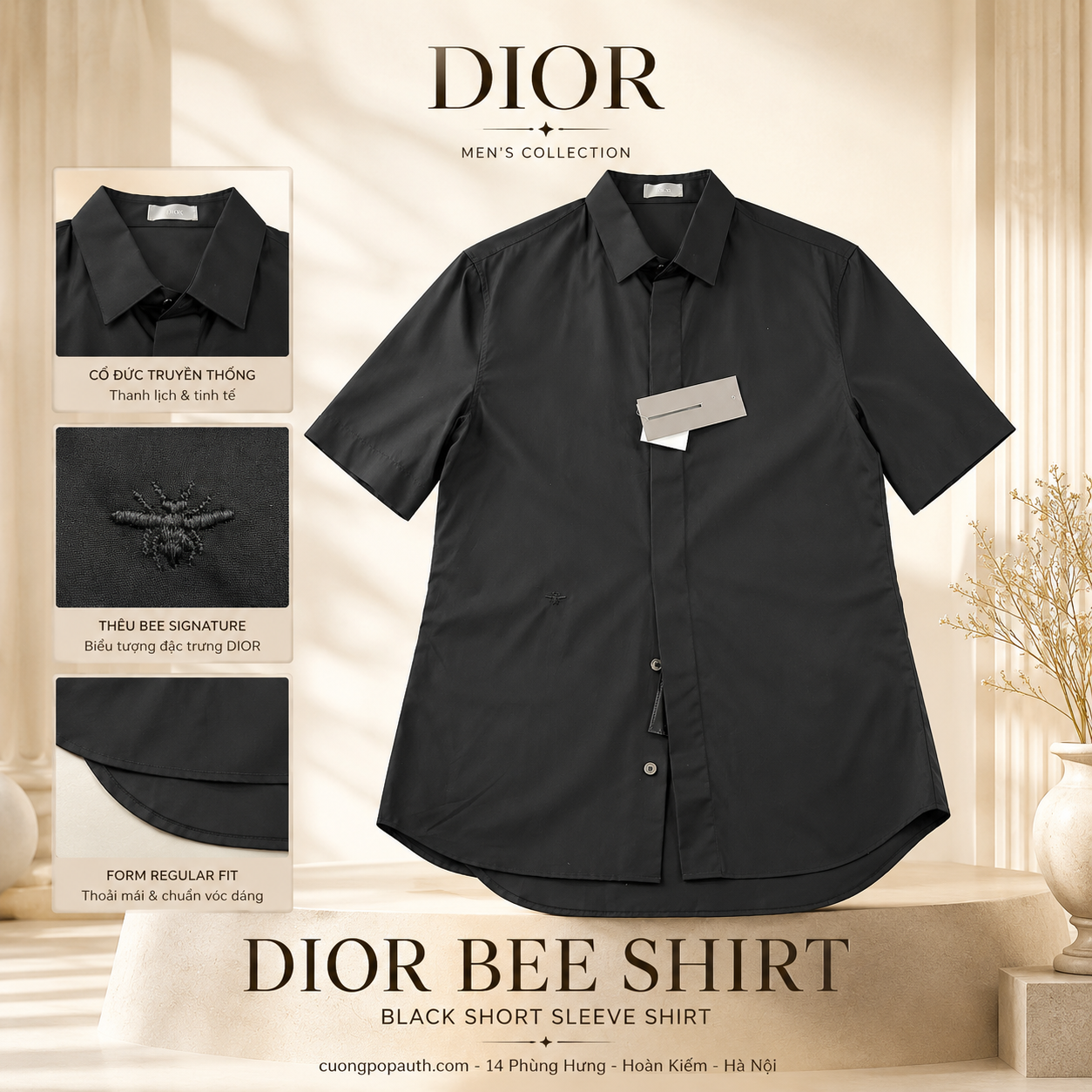 SƠ MI DIOR ĐEN CỌC TAY THÊU ONG ĐEN 733C510B1581
