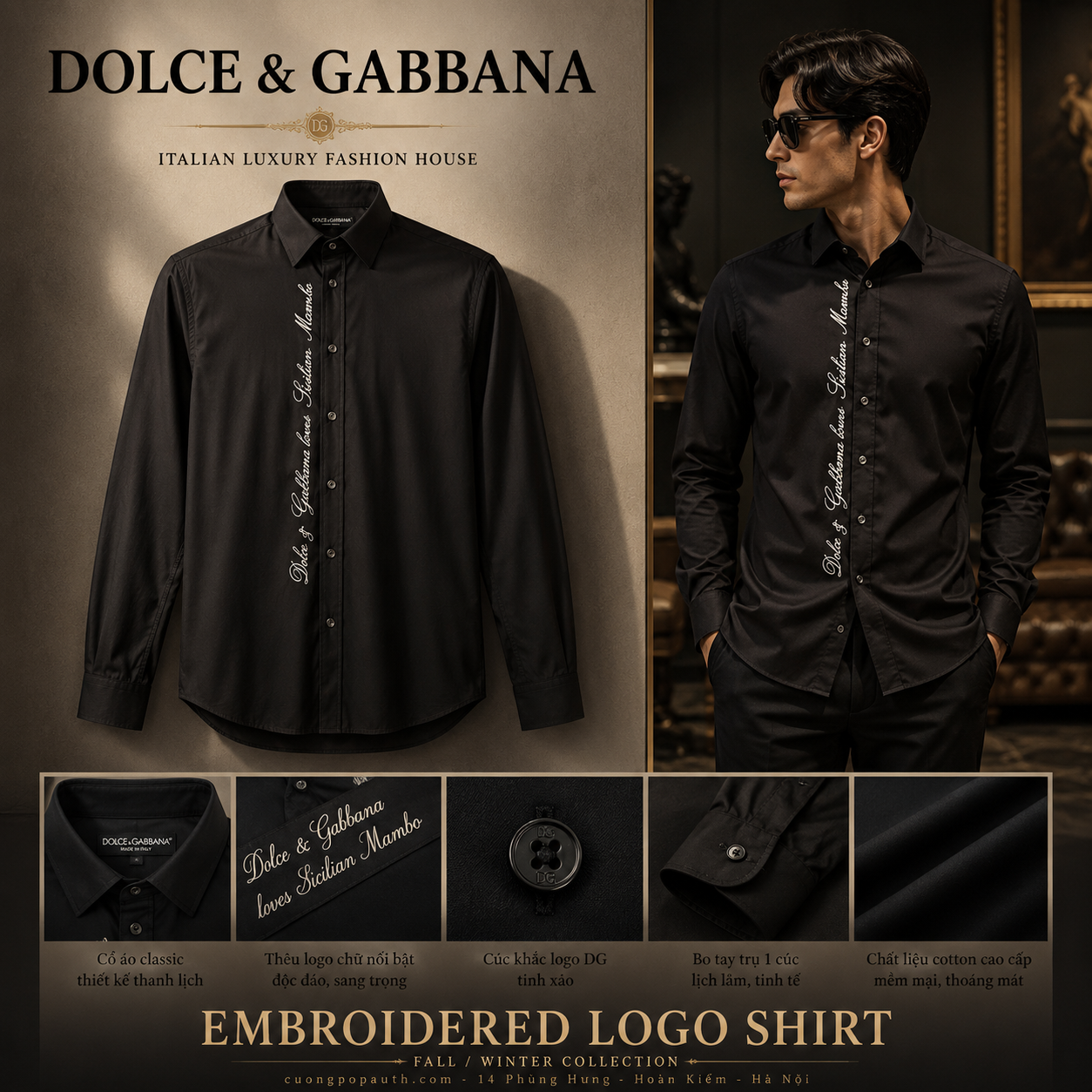 SƠ MI DOLCE ĐEN GOLD CHỮ TRẮNG G5EJ0Z FU5K9