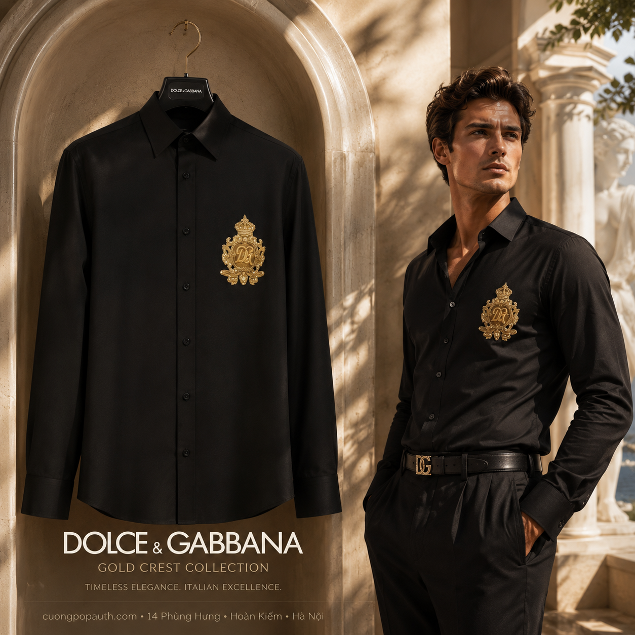 SƠ MI DOLCE ĐEN LOGO THÊU VƯƠNG MIỆN VÀNG MARTINI I5B11M FU5U8