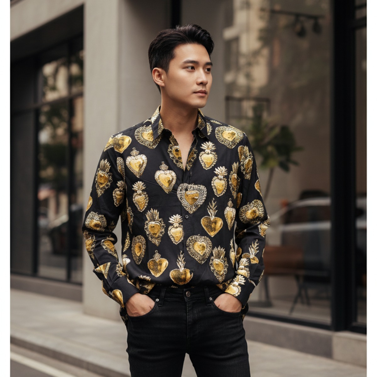 SƠ MI DOLCE ĐEN NHIỀU TRÁI TIM G5EJ1T HS5D8 HNGG7
