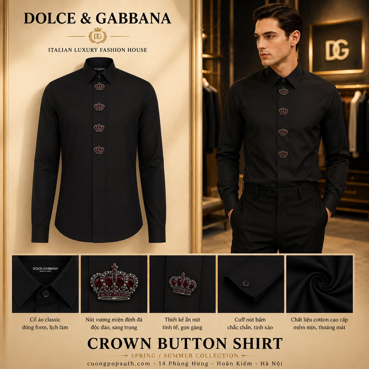 SƠ MI DOLCE ĐEN THÊU VƯƠNG MIỆN DÁNG GOLD G5HH6Z GEM00