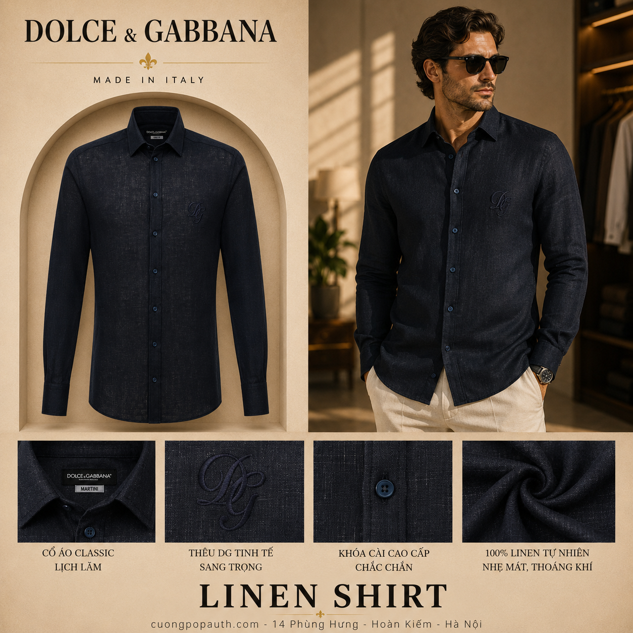 SƠ MI DOLCE ĐEN VẢI LANH LOGO DG THÊU G5EJ1Z FU4IK