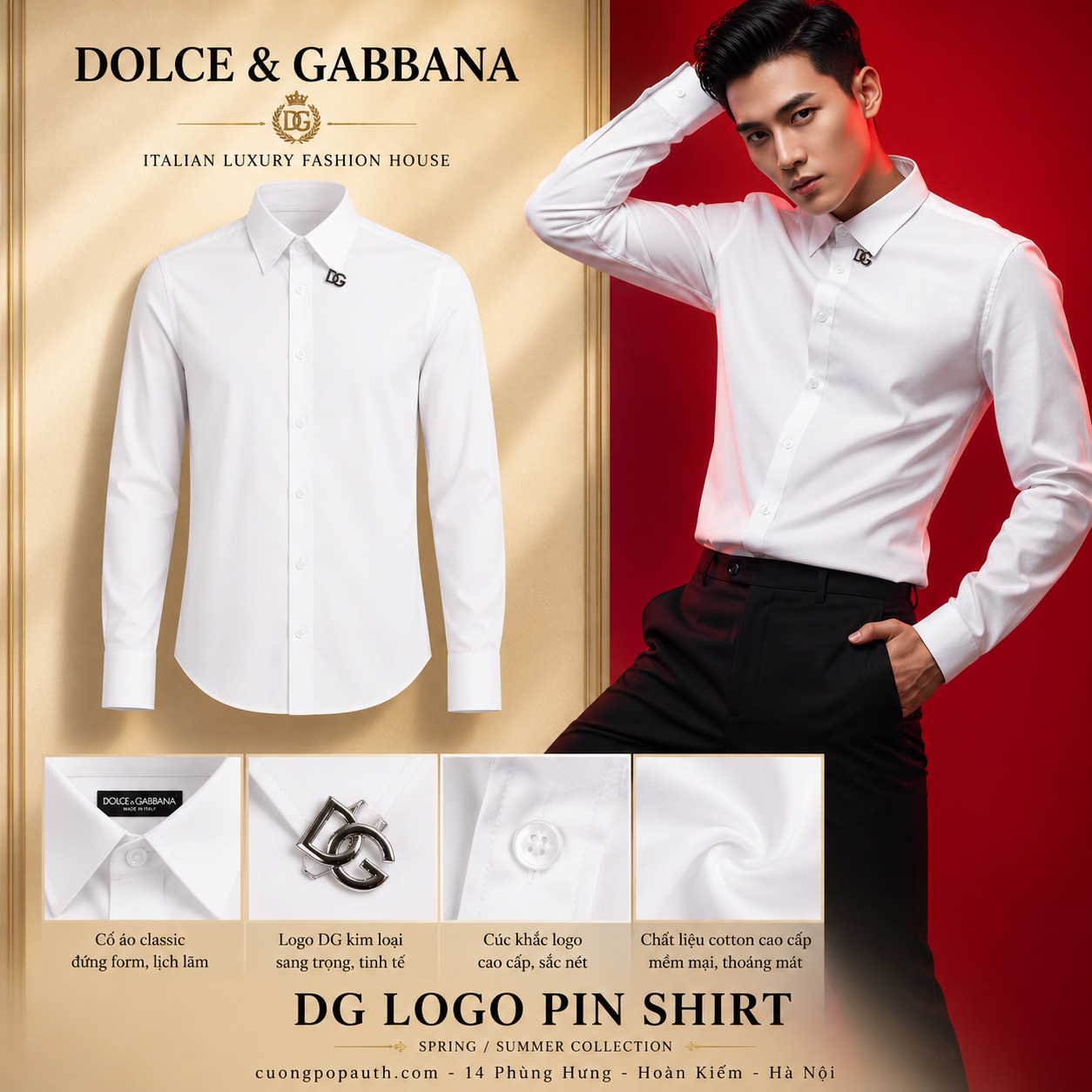 SƠ MI DOLCE TRẮNG LOGO DG CỔ GOLD G5EJ0T GF114 W0800