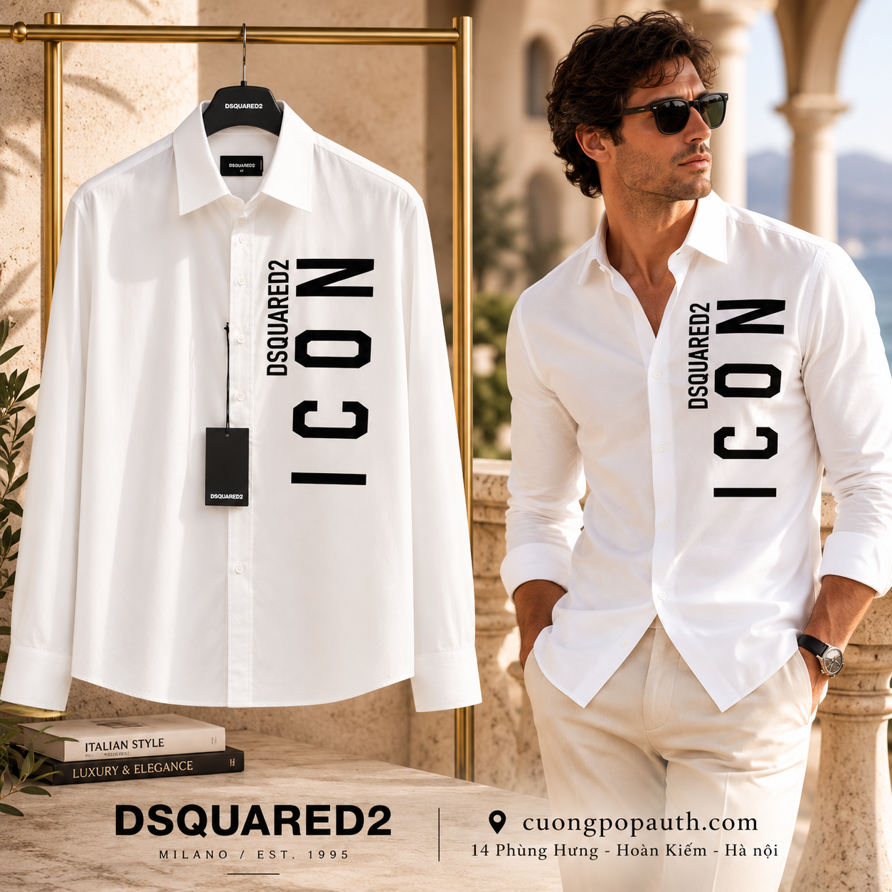 SƠ MI DSQUARED2 TRẮNG CHỨ ĐEN ICON T546