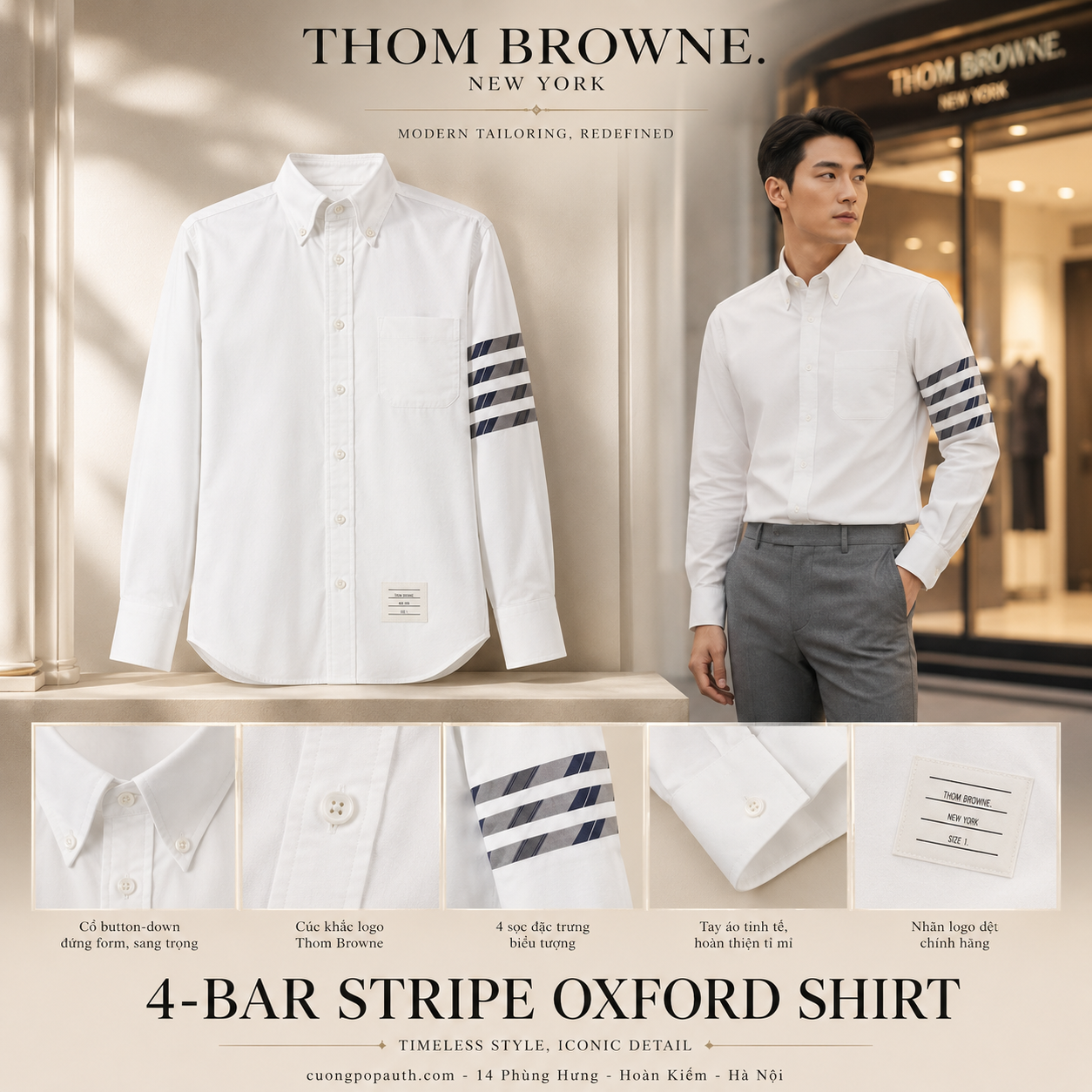 SƠ MI THOM BROWNE TRẮNG KẺ TAY MWL374A-06177