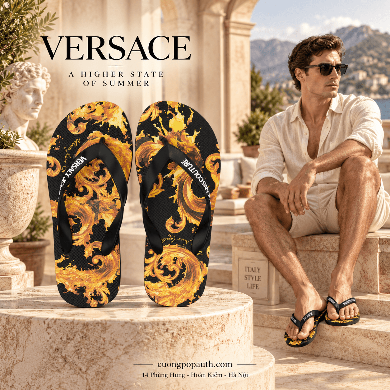 TÔNG VERSACE ĐEN HOA VĂN VÀNG 80YA3SQ7 ZSS80
