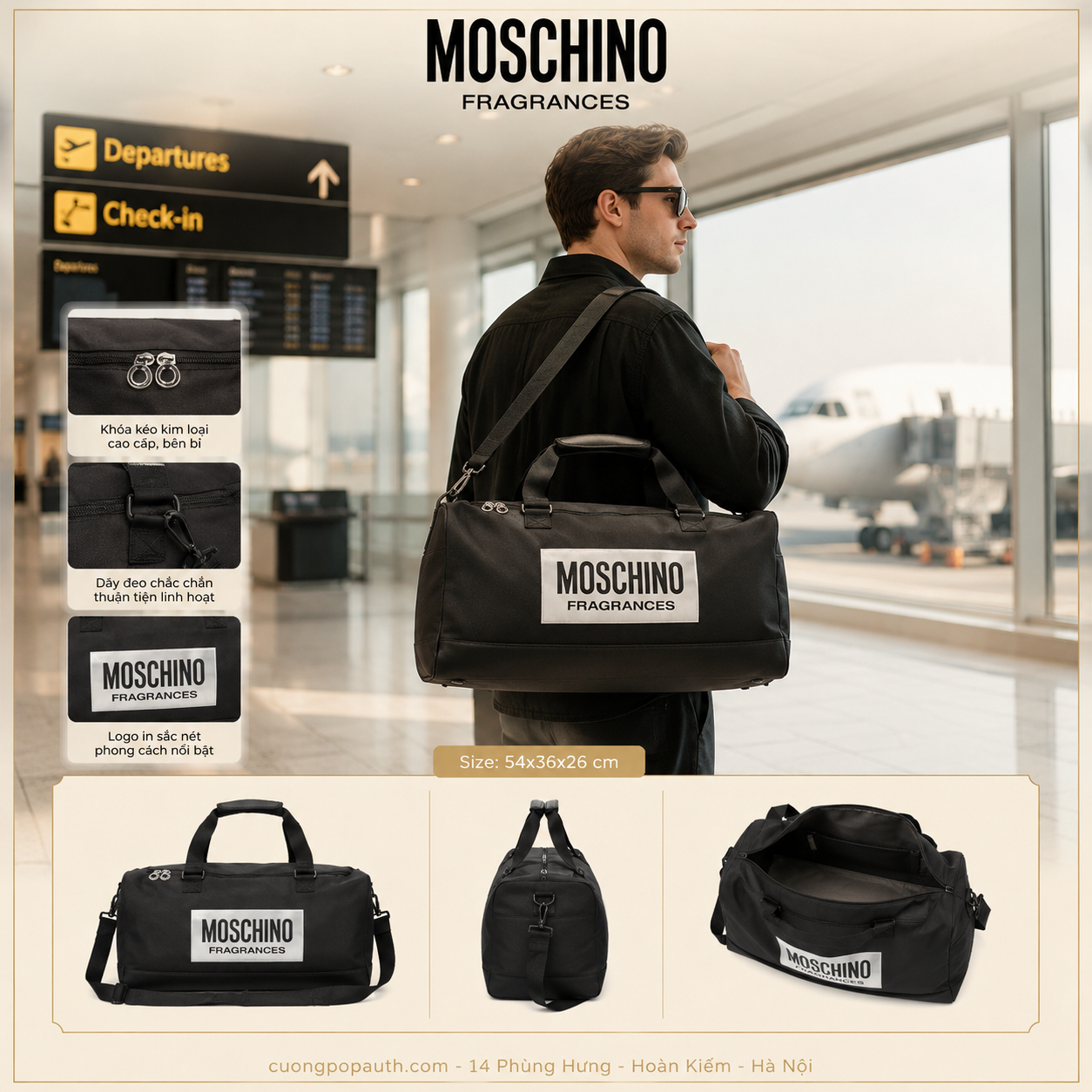 TÚI TRỐNG MOSCHINO ĐEN CHỨ TRẮNG MOS0601