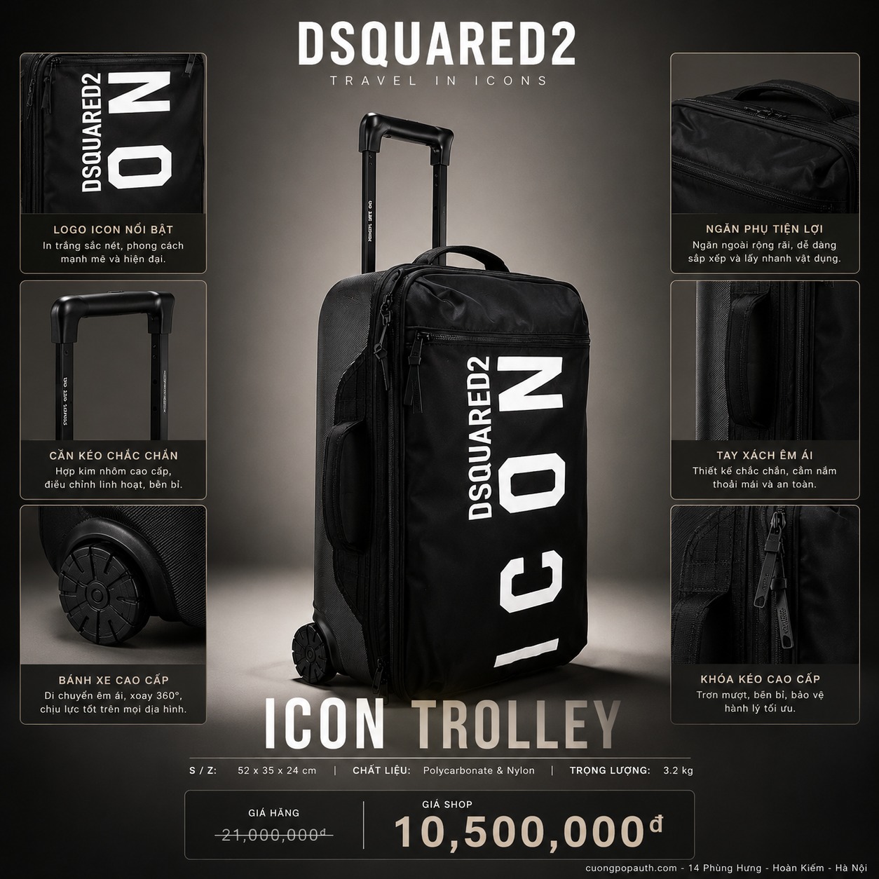 VALY DSQUARED2 ĐEN CHỮ TRẮNG TYM00051170319