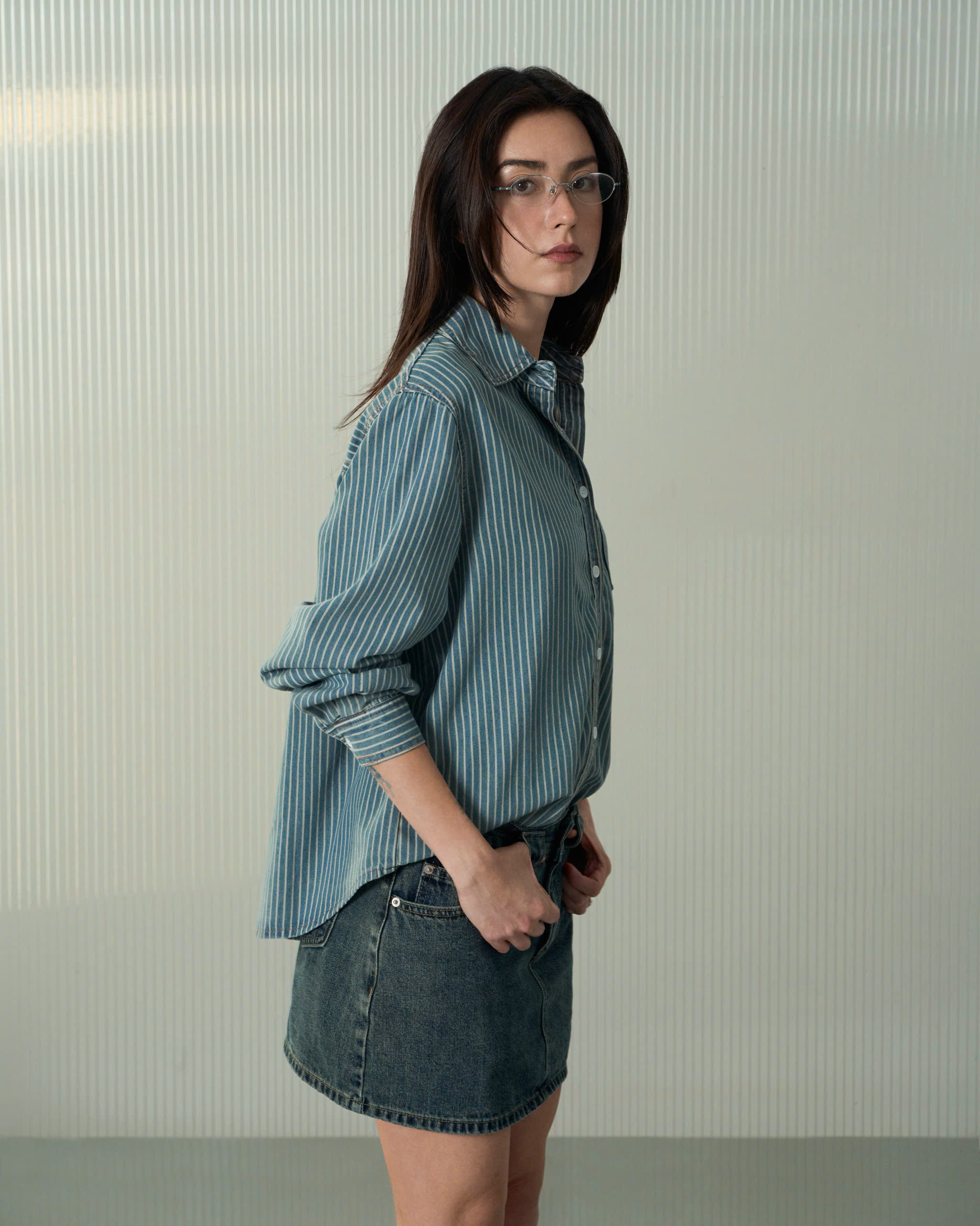 Dominic Prime Shirt (62063090_Áo sơmi nữ denim xanh trắng)