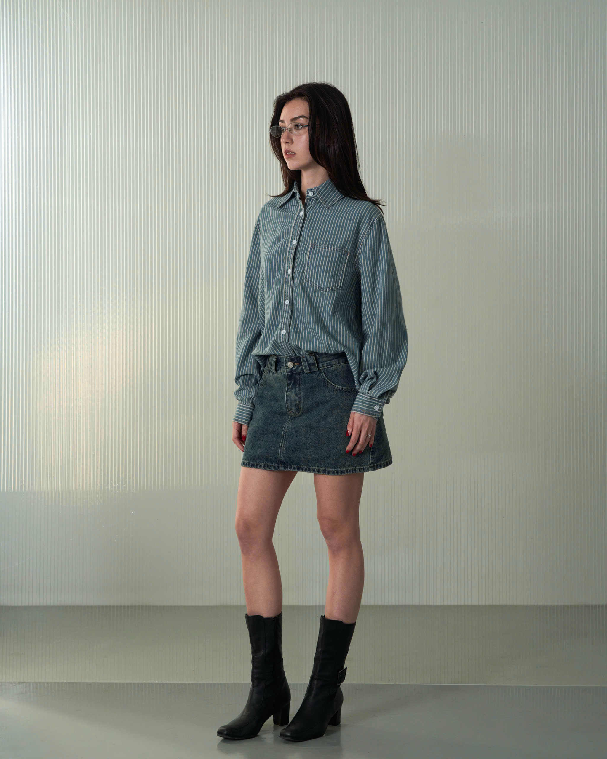 Dominic Prime Shirt (62063090_Áo sơmi nữ denim xanh trắng)
