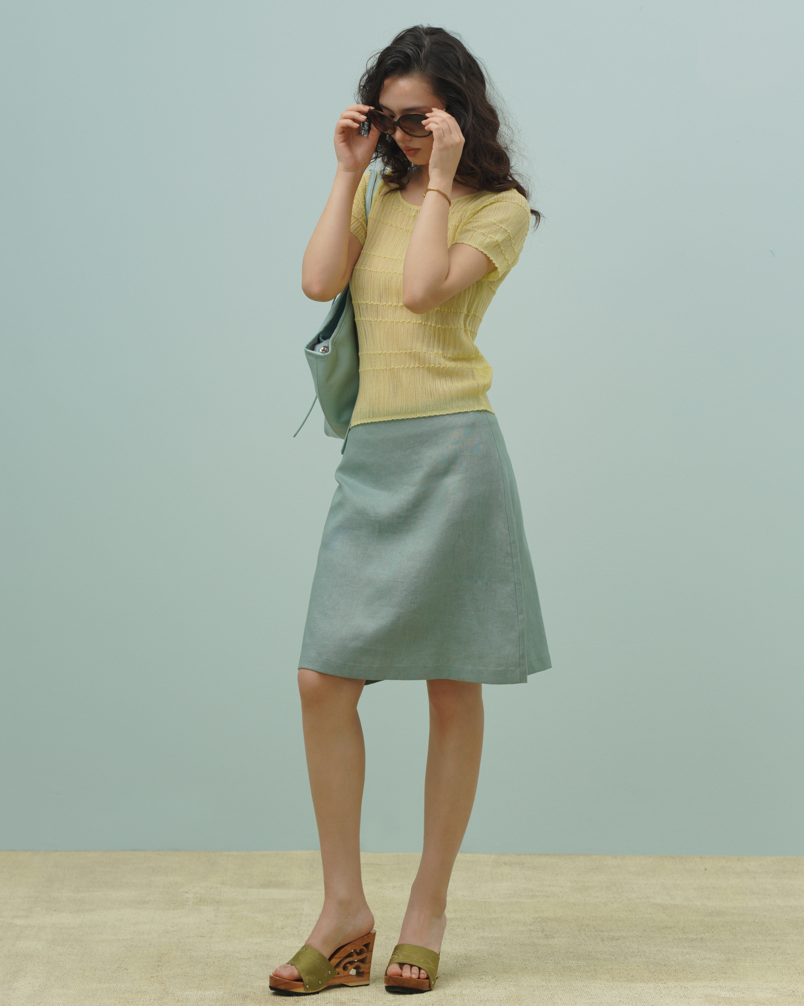 Emmy Linen Skirt (62045990_Chân váy nữ dáng chữ A xòe ngang gối, từ vải dệt thoi)