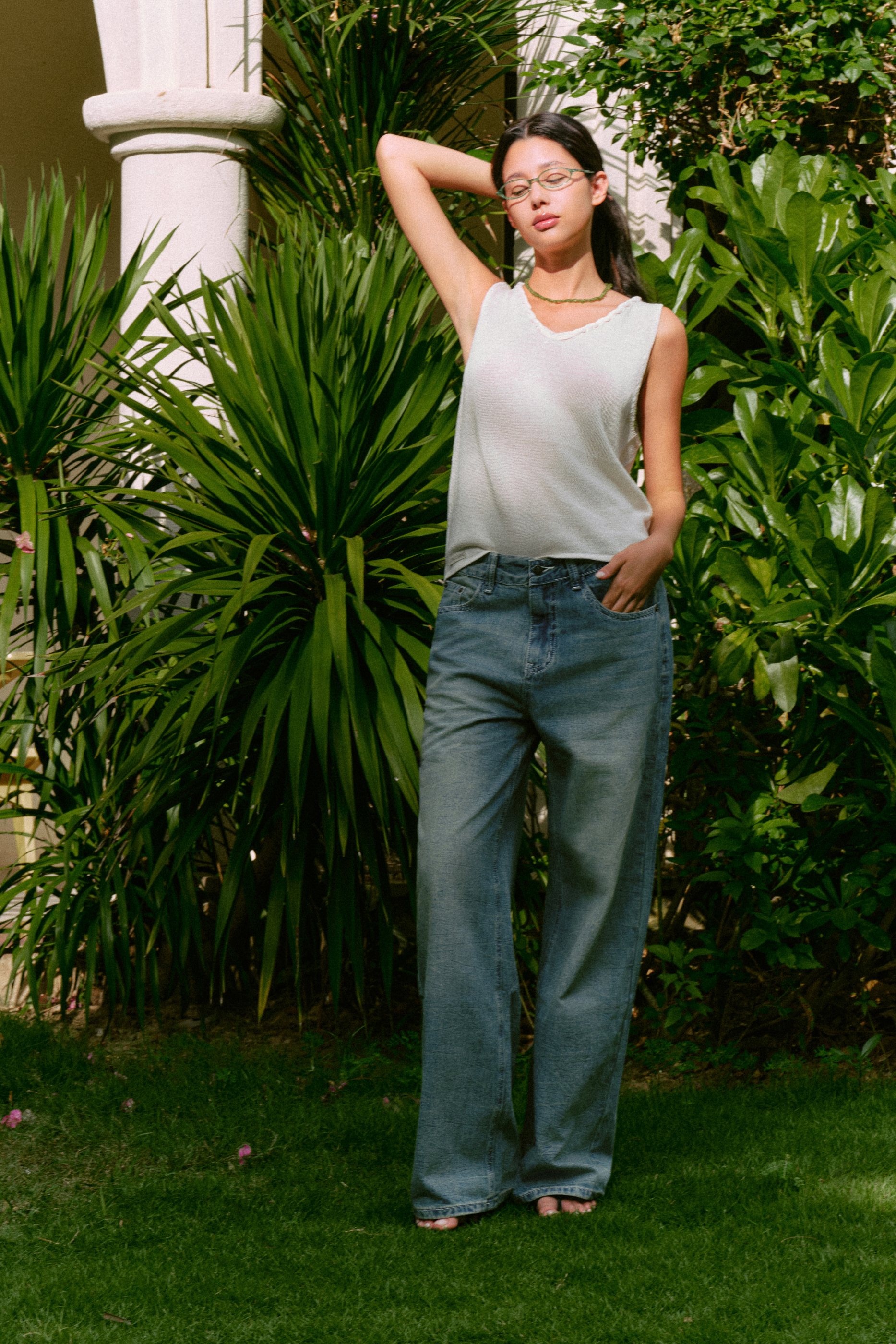 Jaded Wide Leg Jeans (62046200_Quần bò dài nữ ống suông,họa tiết vân nhẹ, vải dệt thoi)