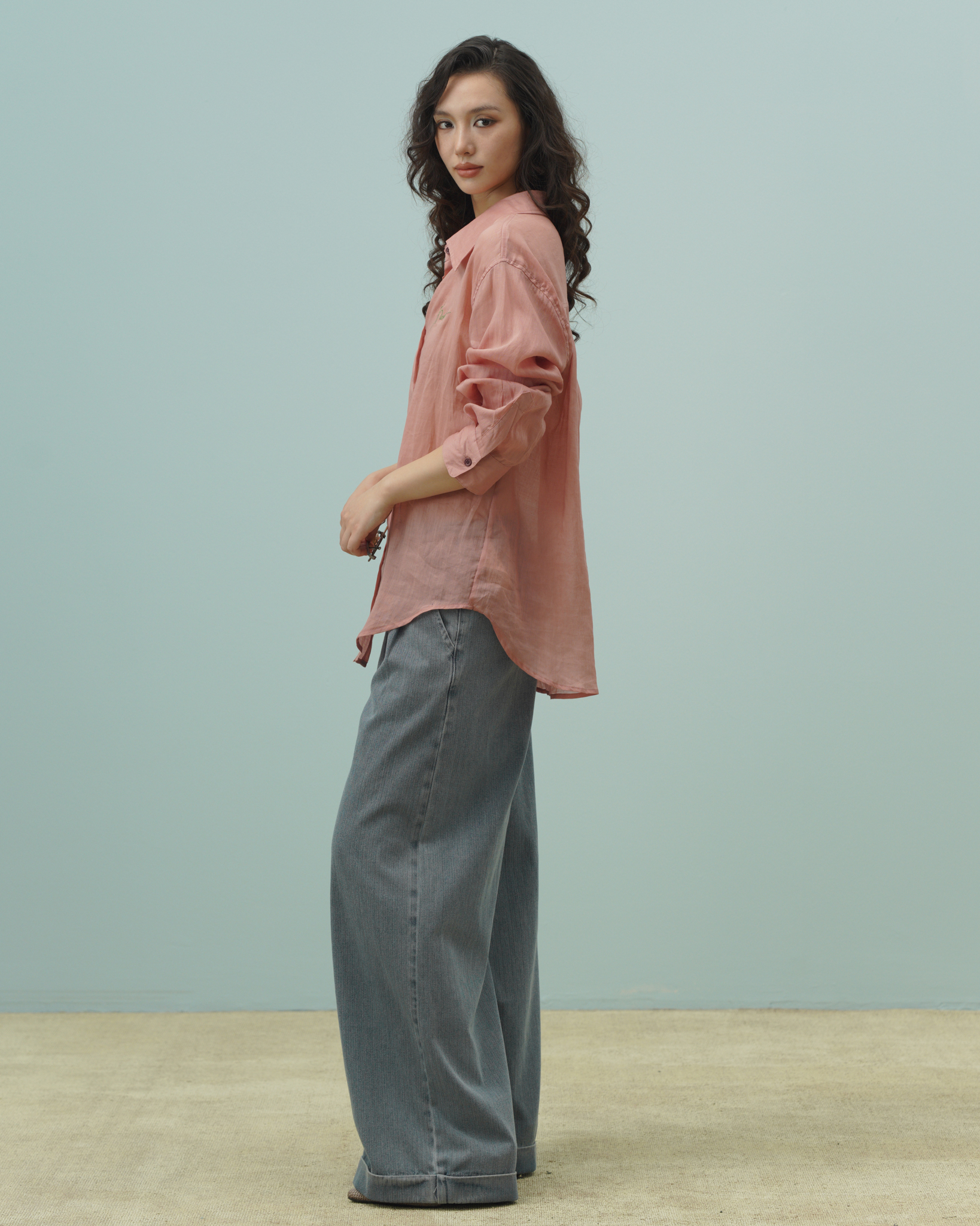 Melbon Jeans (62046200_Quần bò dài nữ ống suông, gấp gấu, vải dệt thoi)